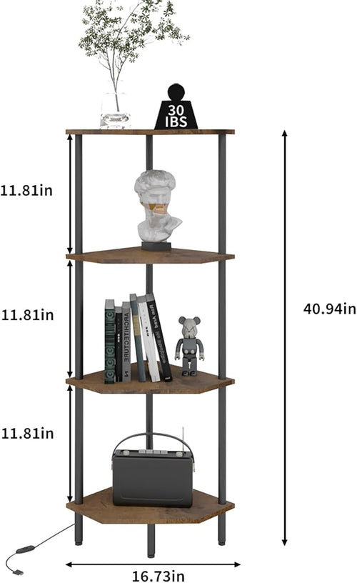 4-Tier LED Corner Shelf, Rustic Brown & Black Multi-Purpose Stand