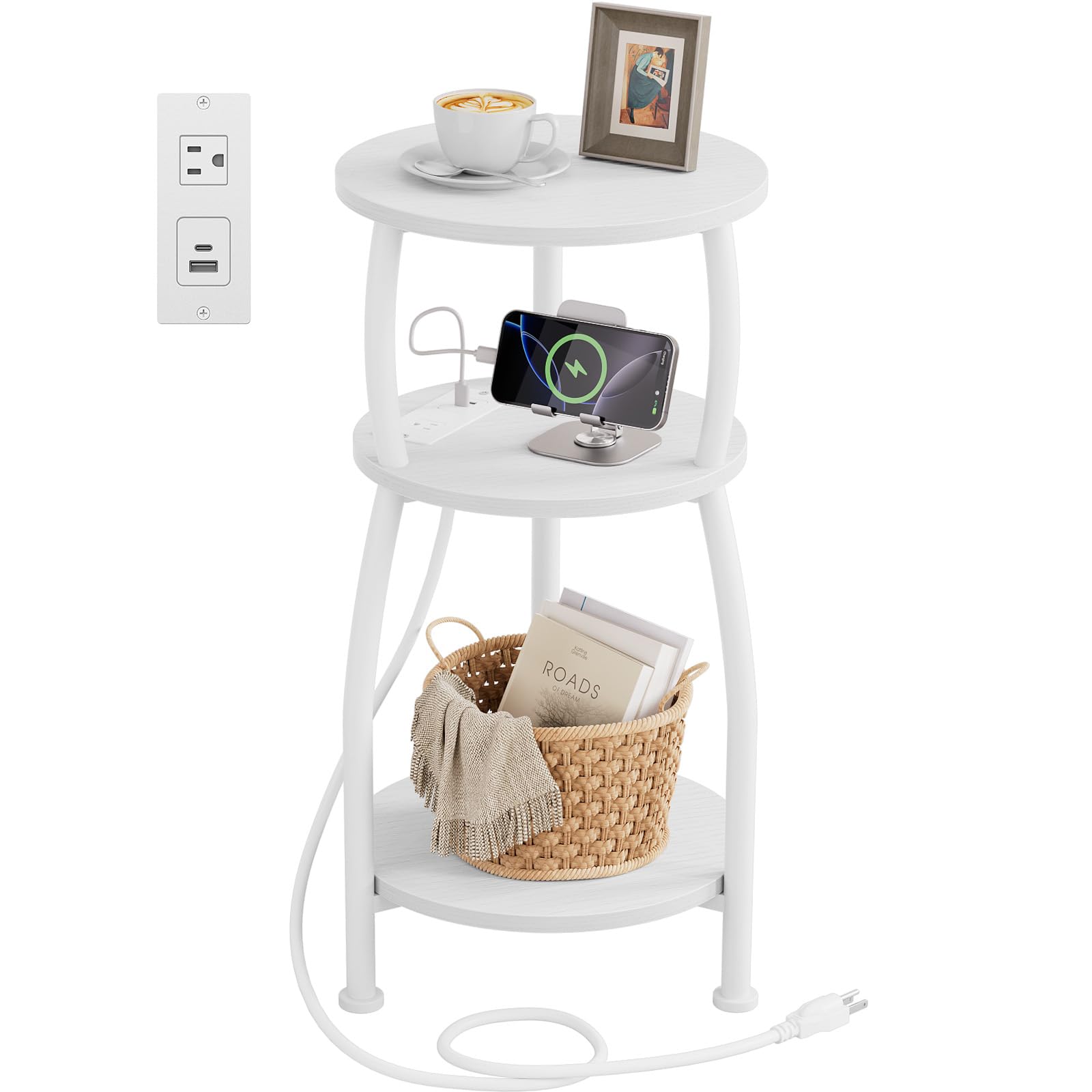 Small Round Side Table, 3-Tier End Table with Storage Shelf, Slim Sofa Table Coffee Table, Sturdy & Easy Assemble Nightstand for Small Spaces, Living Room Bedroom Corner, Grey