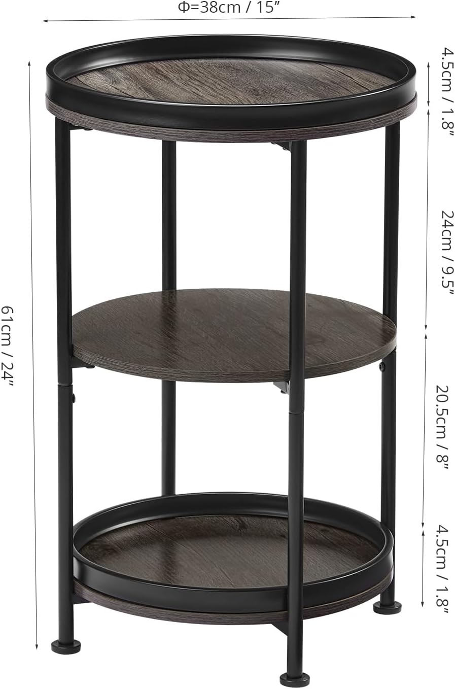 Dulcii Side Table, Round End Table with 3 Shelves for Living Room, Bedroom, Nightstand with Steel Frame for Small Spaces, Industrial Round Sofa Table, Outdoor Accent Coffee Table, Grey