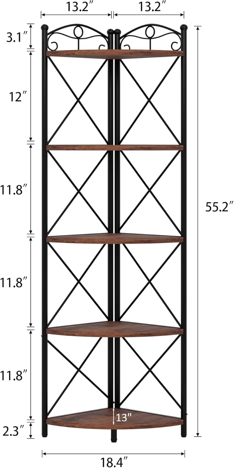 VECELO 5 Tier Corner Shelf Stand, 55.2" Tall Corner Bookshelf, Rustic Brown Storage Standing Shelf for Living Room, Plant Stand &Corner Bookcase for WallCorner, Living Room, Kitchen, Bedroom, Office