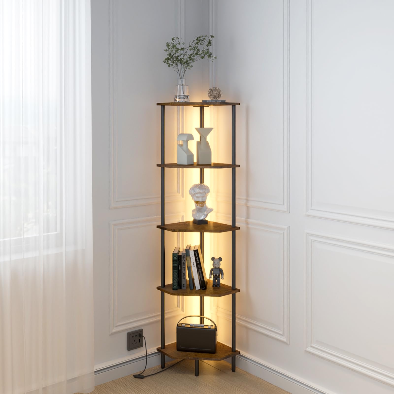4-Tier LED Corner Shelf, Rustic Brown & Black Multi-Purpose Stand