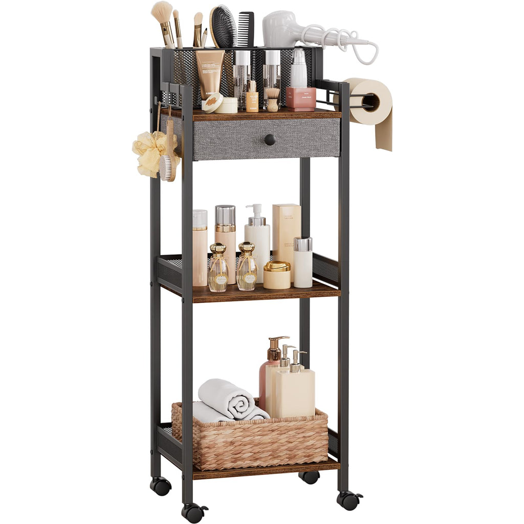 Bathroom Storage and Organizer Shelf Hair Dryer Holder, 9.85in 3-Tier Narrow Metal Standing Rack with Toilet Paper Holder, Corner Stand for Cosmetic, Vanity, Kitchen, Laundry Rustic Brown