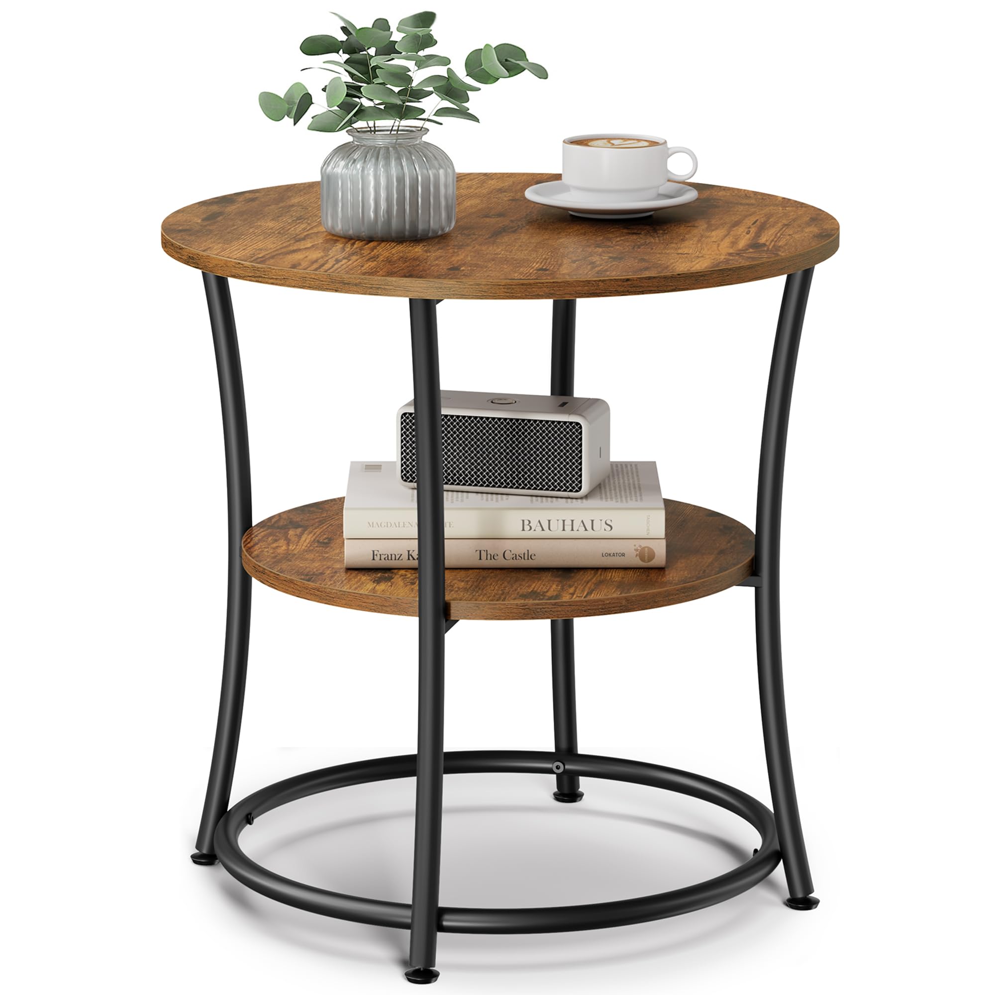 VASAGLE 21.7-Inch Round Side Table, 2-Tier End Table, Nightstand with Steel Frame, Spacious Top, for Small Spaces, Living Room, Bedroom, Heather Greige and Ink Black ULET56BG | 2 Storage Shelves