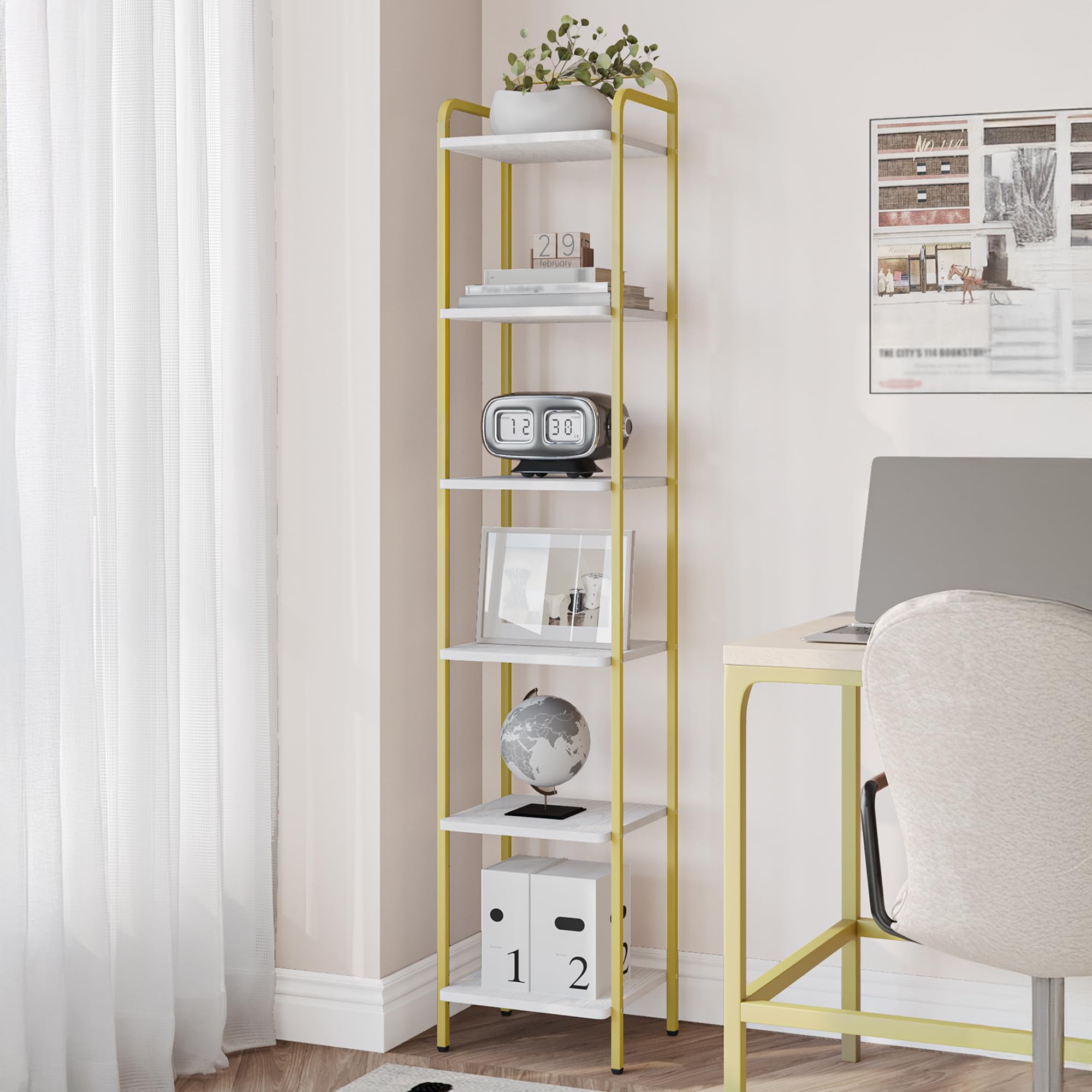 Hzuaneri Bookcase Bookshelf, Narrow Book Shelf, Industrial Corner Shelf Storage Organizer, Slim Shelving Unit for Home Office, Living Room, Bedroom, Kitchen, 6-Tier Black BC24604B