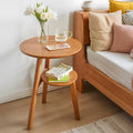 Side Table, Small Round End Table with 2-Tier Shelf, Solid Wood Nightstand for Small Spaces, Mid Century Modern Accent Table for Living Room Bedroom, Walnut