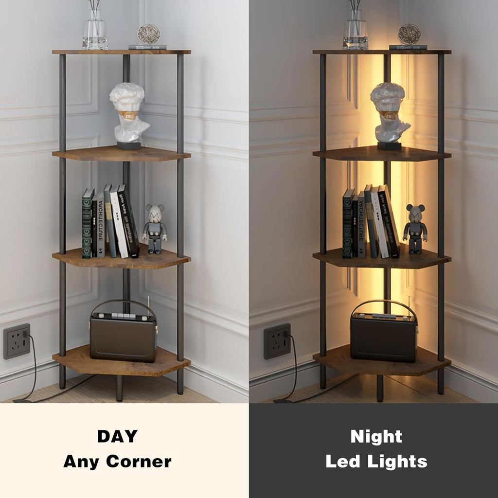 4-Tier LED Corner Shelf, Rustic Brown & Black Multi-Purpose Stand