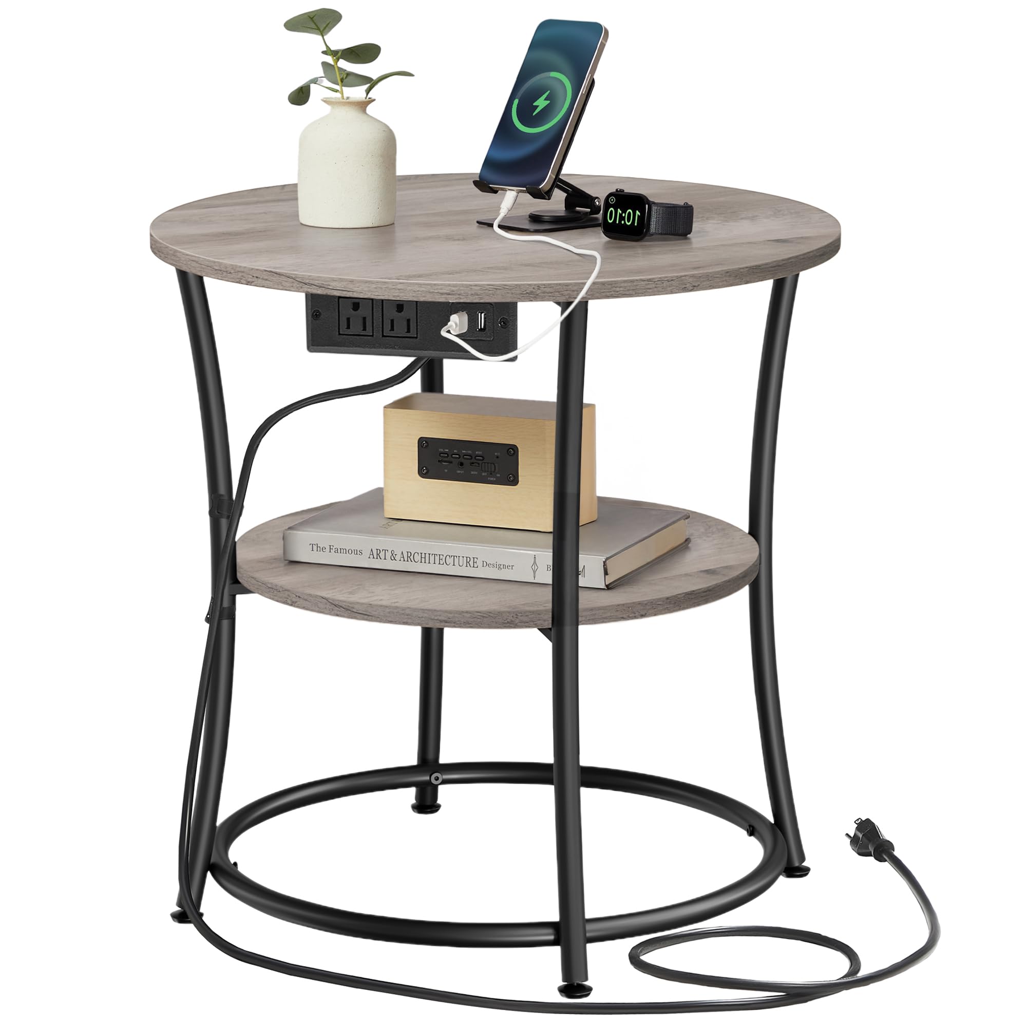 VASAGLE 21.7-Inch Round Side Table, 2-Tier End Table, Nightstand with Steel Frame, Spacious Top, for Small Spaces, Living Room, Bedroom, Heather Greige and Ink Black ULET56BG | 2 Storage Shelves