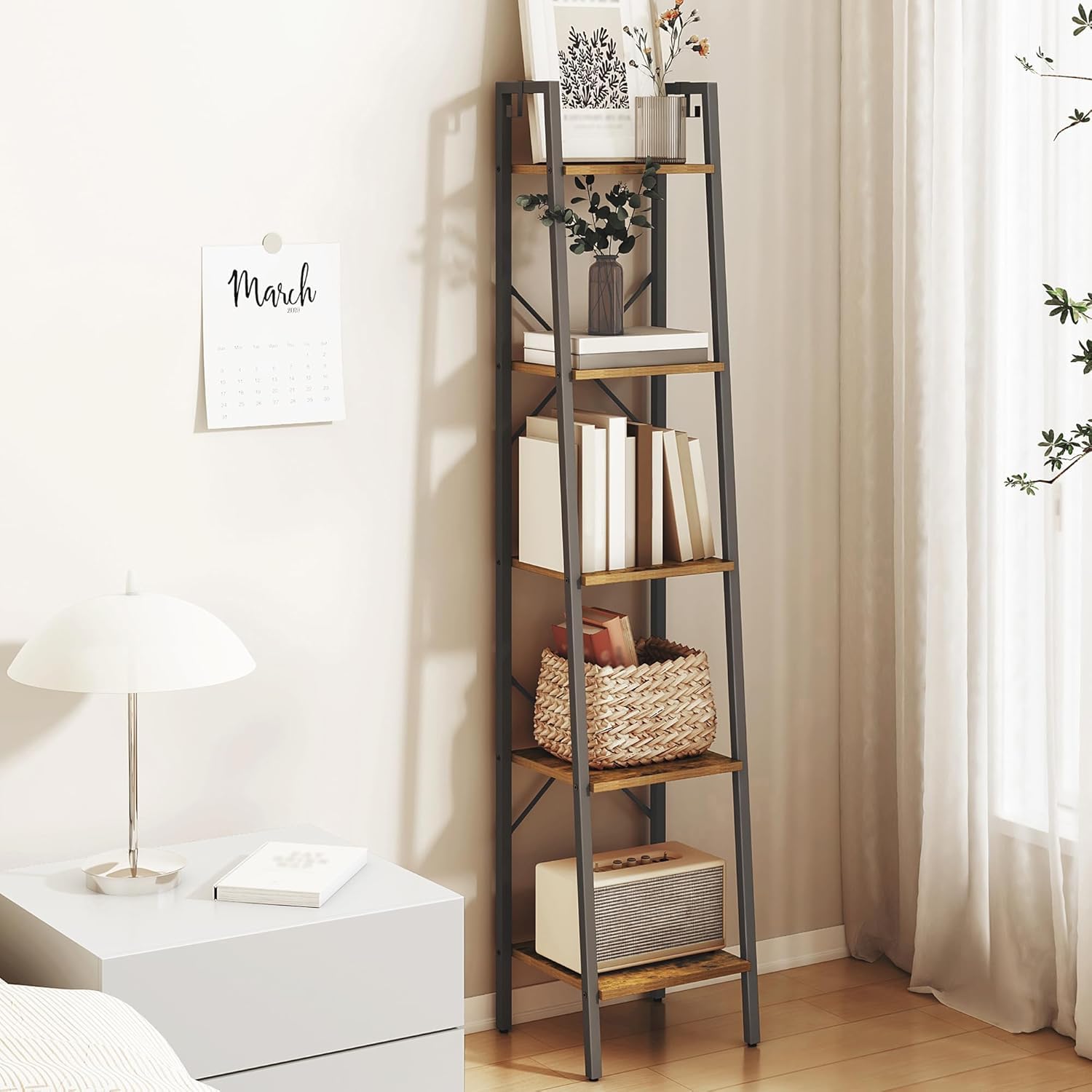 Hzuaneri Ladder Shelf, Bookshelf Bookcase, Freestanding Corner Storage Shelve with 2 Hooks for Home Office, Living Room, Kitchen, Bedroom, Industrial, 11.8" D x 13.4" W x 72.8" H,White Gold BC13313G