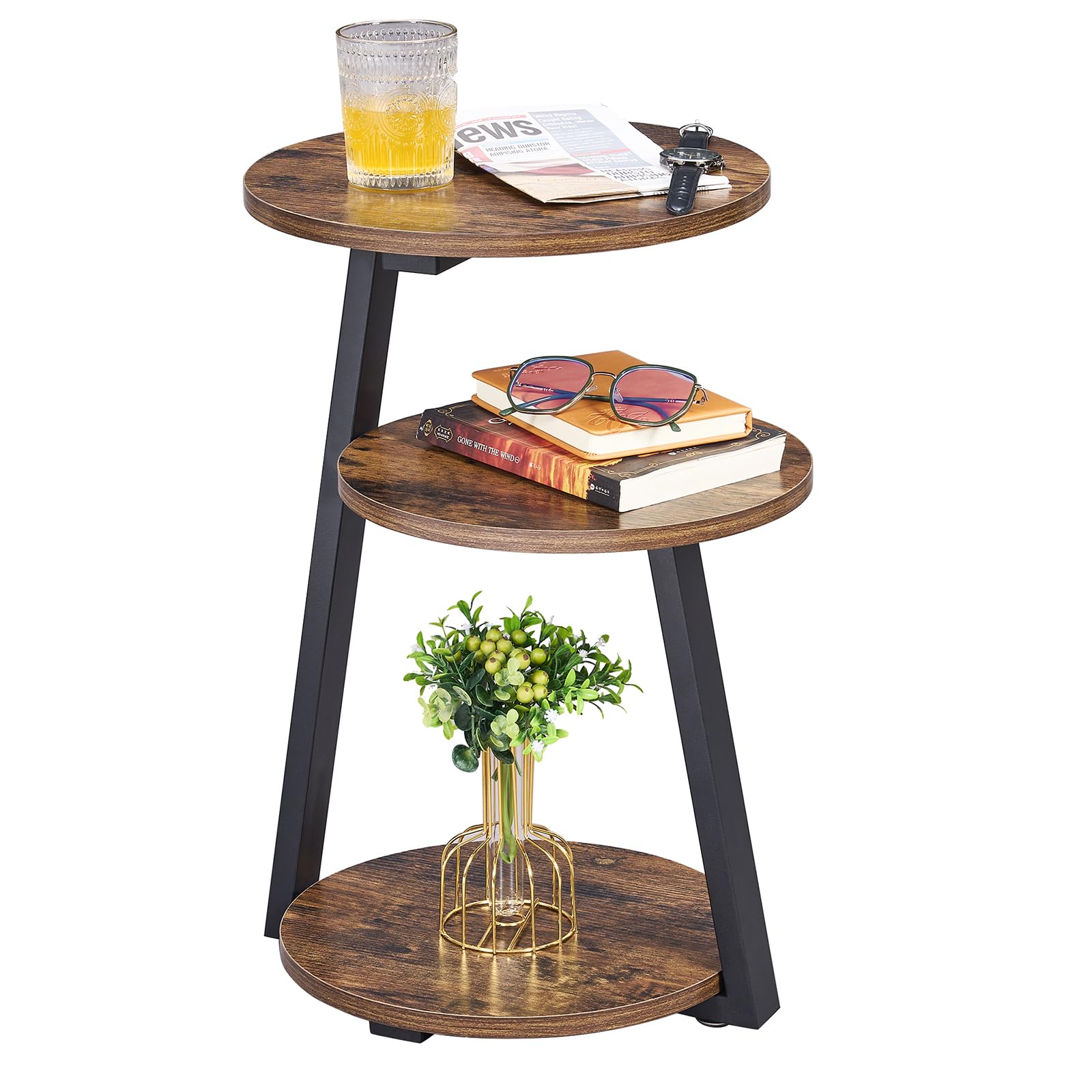 BEWISHOME Round End Table Side Table with Metal Frame, Accent Table Nightstand Bedside Table with 3-Tier Shelves, Small Couch Coffee Table for Living Room Bedroom Greige KTZ41G