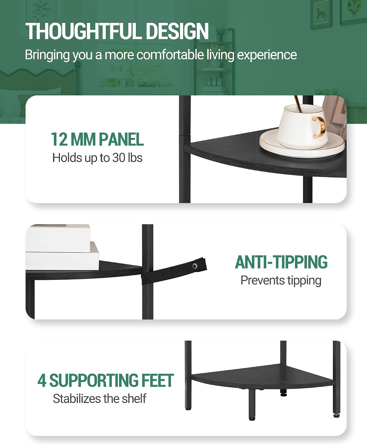 Hzuaneri Corner Shelf Stand, Corner Bookshelf, Plant Shelf, Corner Display Rack, Standing Shelf with Metal Frame for Living Room, Bathroom, Kitchen, Industrial Style, 6 Tier Black CS06604B