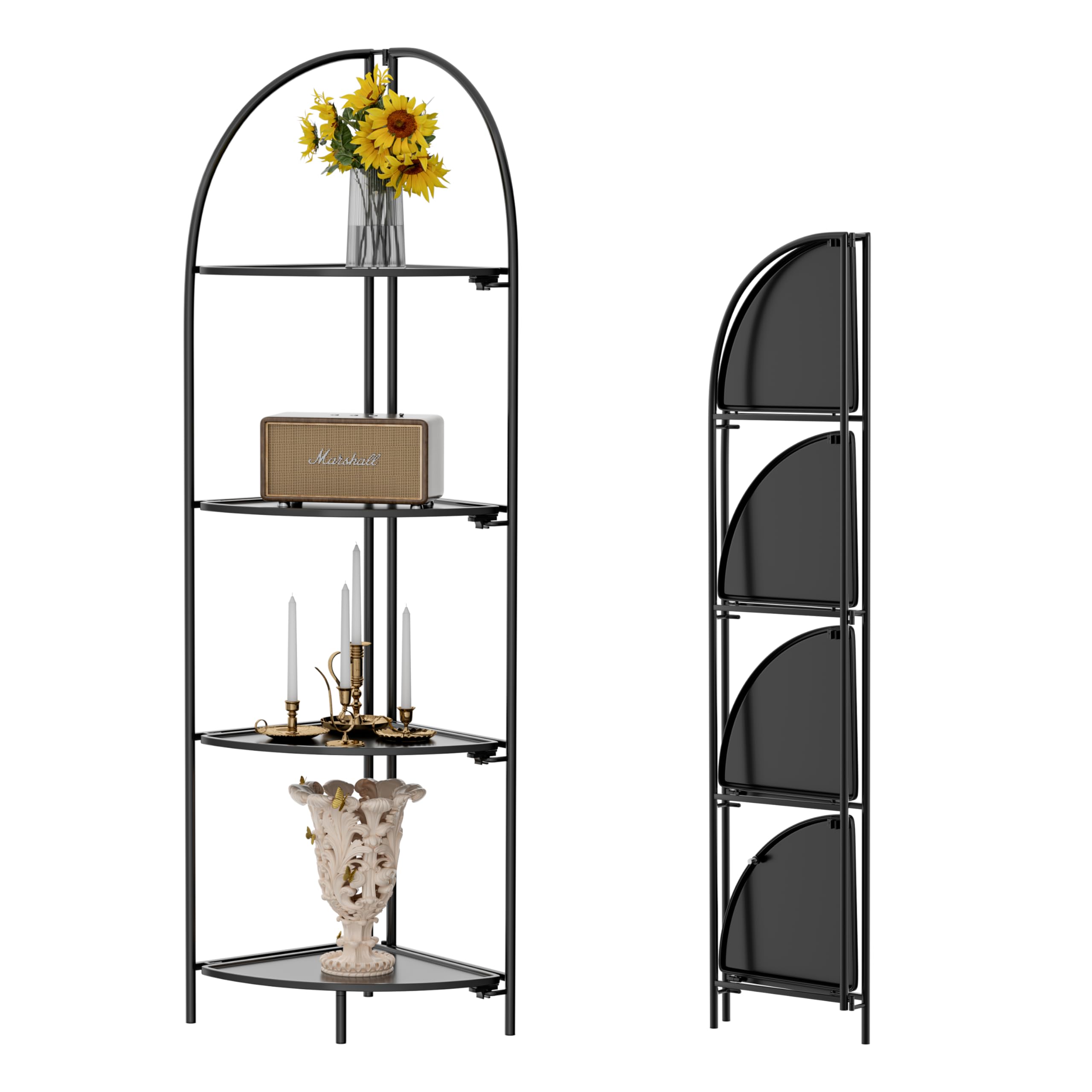 Crofy Foldable 5 Tier Corner Shelf, Metal Corner Plant Stand with Gold Frame and Transparent Shelves, Corner Display Rack Multipurpose Shelving Unit for Living Room, Bedroom, Bathroom
