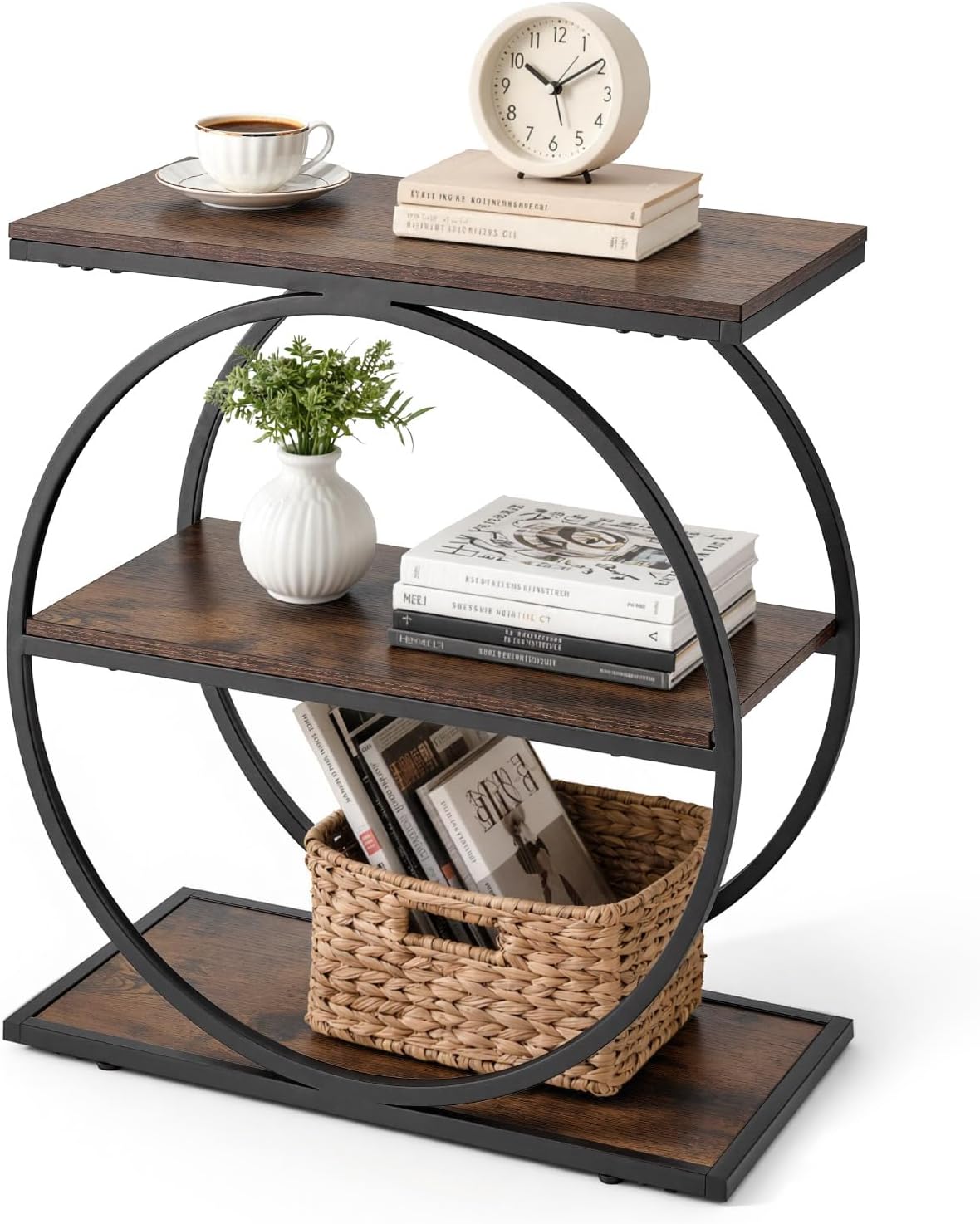 VEVOR End Table, 3-Tier Narrow Side Table with Open Storage Shelves, Modern Nightstand Bedside Desk with Round Metal Frame, Wood Sofa Coffee Desk for Living Room, Bedroom, Office, Rustic Brown