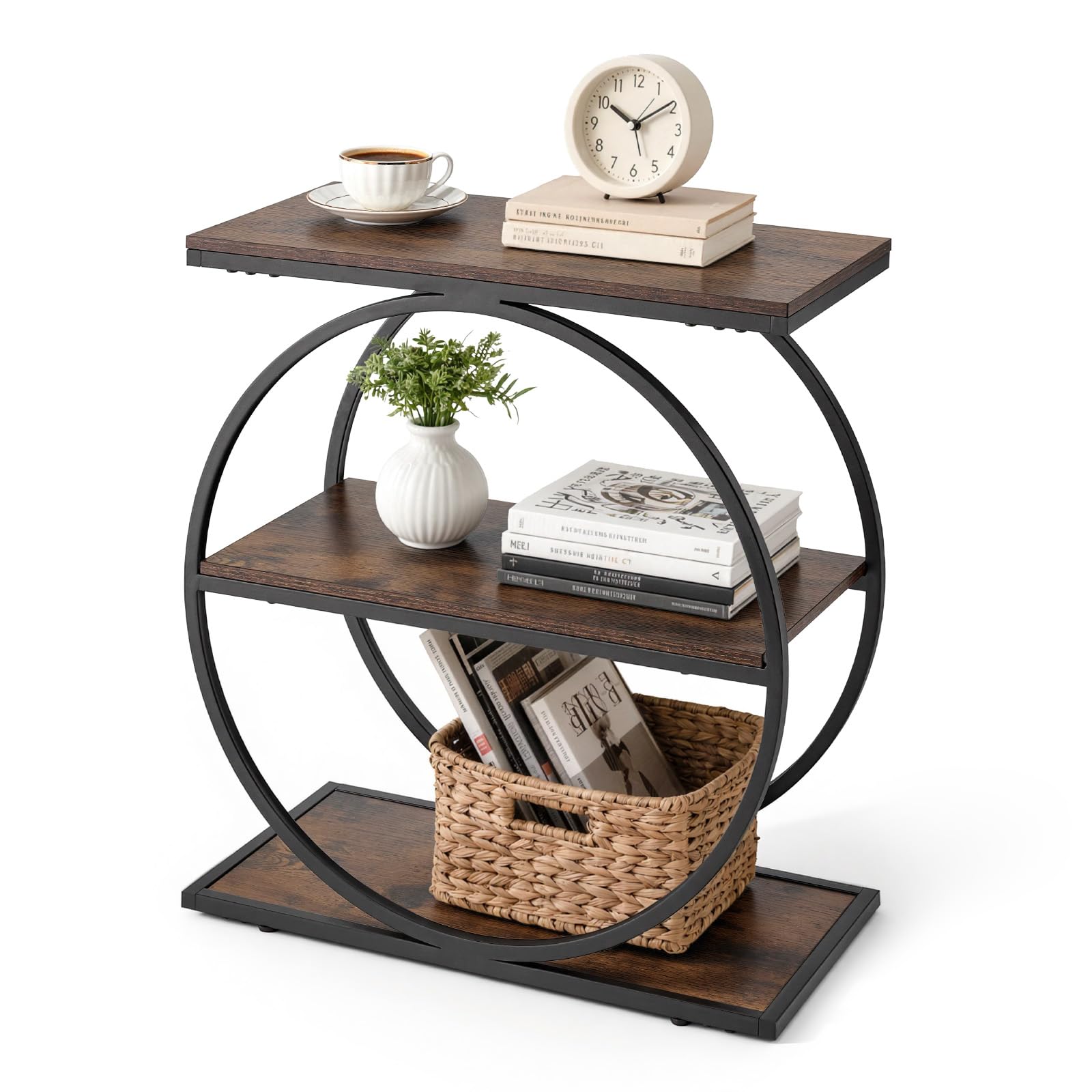 VEVOR End Table, 3-Tier Narrow Side Table with Open Storage Shelves, Modern Nightstand Bedside Desk with Round Metal Frame, Wood Sofa Coffee Desk for Living Room, Bedroom, Office, Rustic Brown