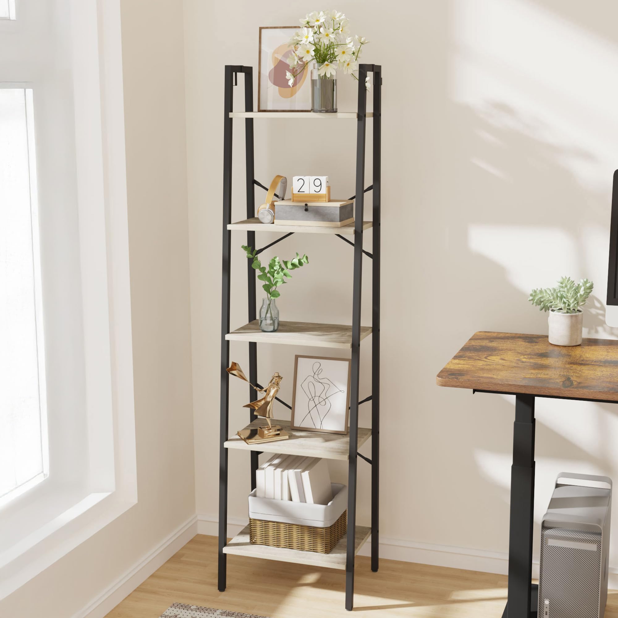 Hzuaneri Ladder Shelf, Bookshelf Bookcase, Freestanding Corner Storage Shelve with 2 Hooks for Home Office, Living Room, Kitchen, Bedroom, Industrial, 11.8" D x 13.4" W x 72.8" H,White Gold BC13313G