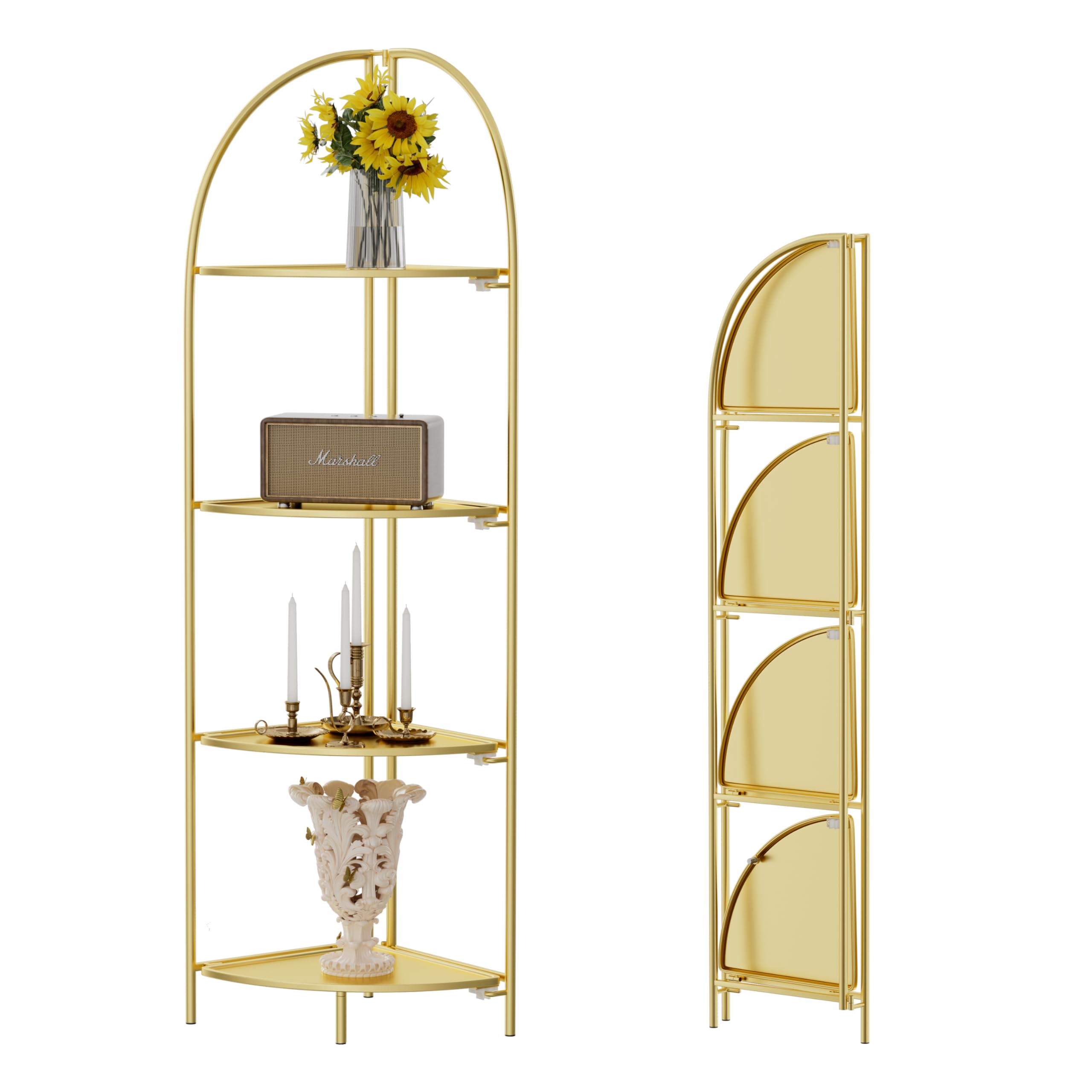 Crofy Foldable 5 Tier Corner Shelf, Metal Corner Plant Stand with Gold Frame and Transparent Shelves, Corner Display Rack Multipurpose Shelving Unit for Living Room, Bedroom, Bathroom