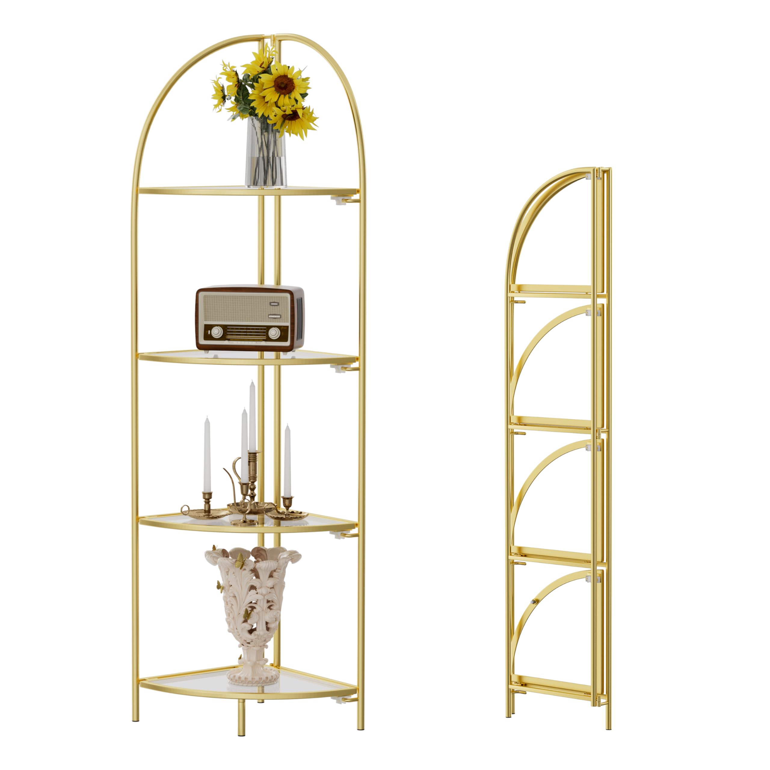 Crofy Foldable 5 Tier Corner Shelf, Metal Corner Plant Stand with Gold Frame and Transparent Shelves, Corner Display Rack Multipurpose Shelving Unit for Living Room, Bedroom, Bathroom