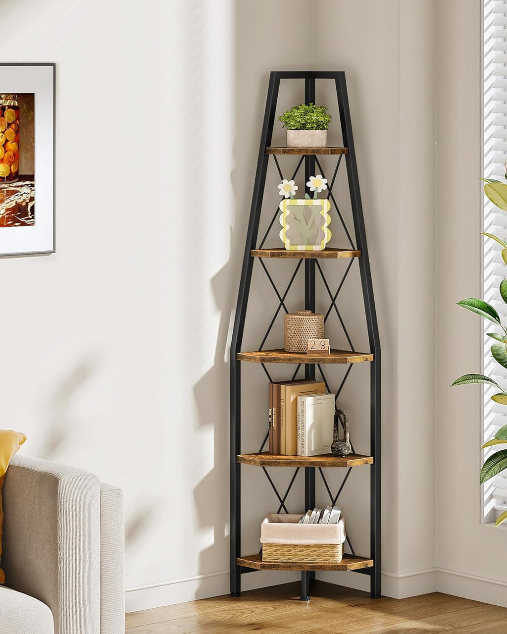 CHOEZON 5-Tier Corner Shelf, Corner Bookshelf, Ladder Shelf, Floor Standing Storage Rack, Open Display Stand, Plant Stand, for Living Room, Bedroom, Study, Bathroom, Rustic Brown and Black TCJ22BF
