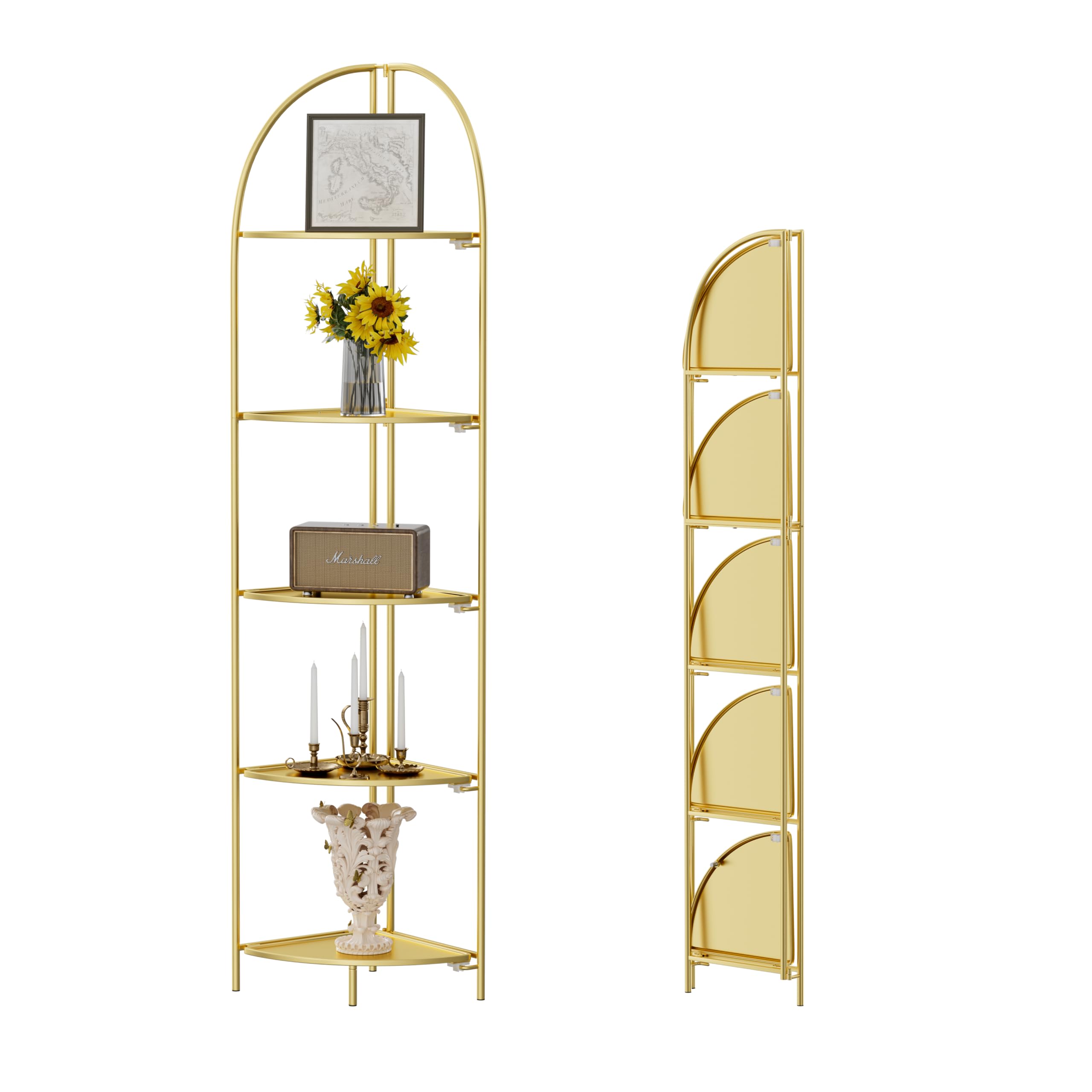 Crofy Foldable 5 Tier Corner Shelf, Metal Corner Plant Stand with Gold Frame and Transparent Shelves, Corner Display Rack Multipurpose Shelving Unit for Living Room, Bedroom, Bathroom