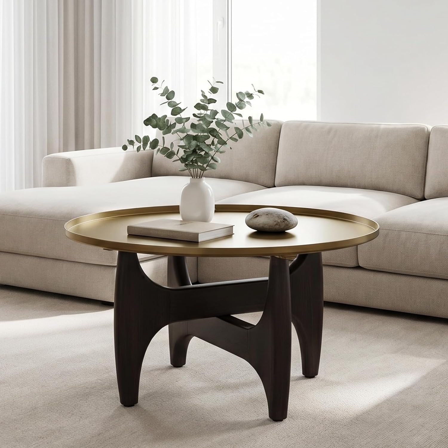 Mid Century Modern Round Coffee Table, Small Center Table with Stainless Steel Top and X-Shaped Wood Base for Living Room, Bedroom, Home Office, Walnut