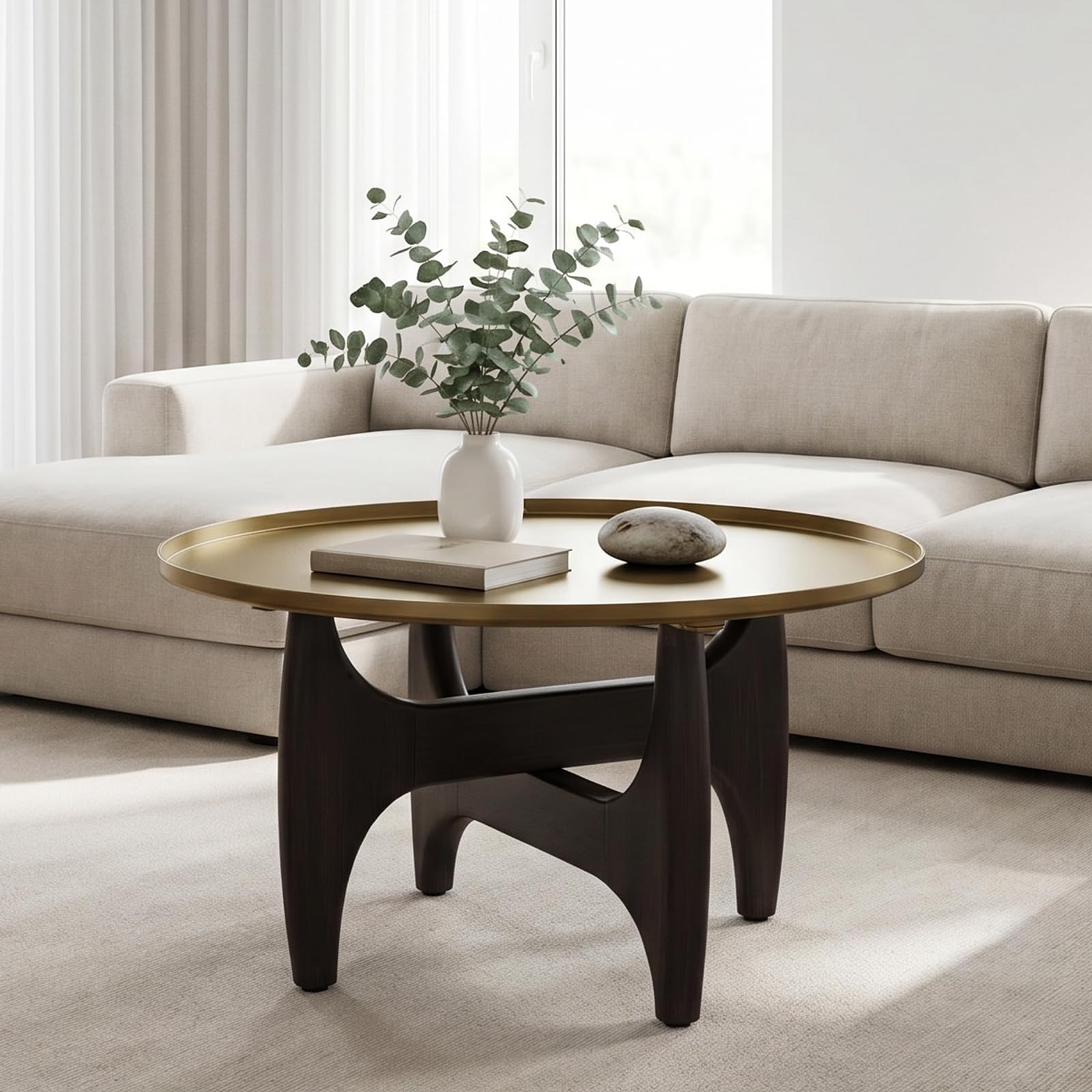 Mid Century Modern Round Coffee Table, Small Center Table with Stainless Steel Top and X-Shaped Wood Base for Living Room, Bedroom, Home Office, Walnut