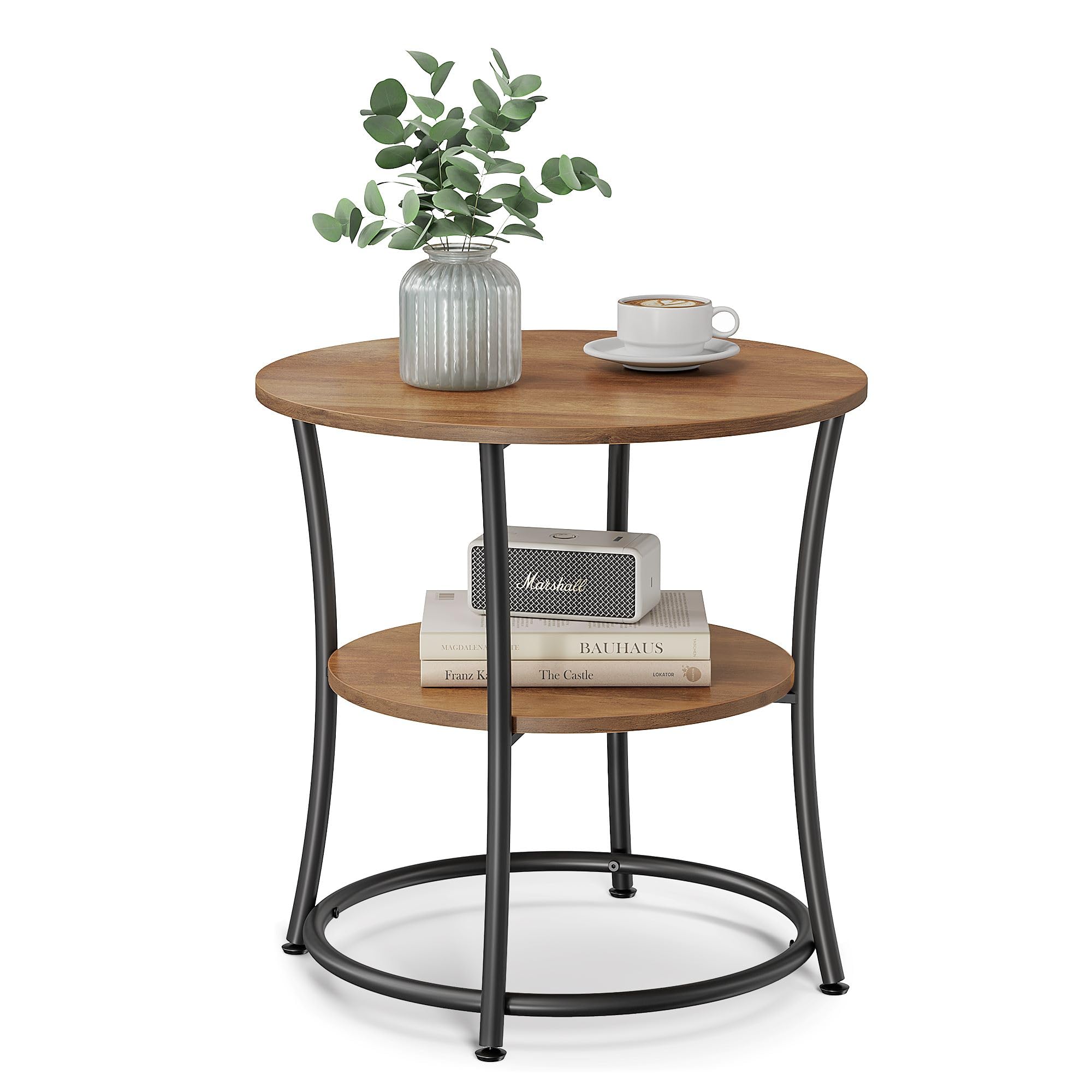 VASAGLE 21.7-Inch Round Side Table, 2-Tier End Table, Nightstand with Steel Frame, Spacious Top, for Small Spaces, Living Room, Bedroom, Heather Greige and Ink Black ULET56BG | 2 Storage Shelves