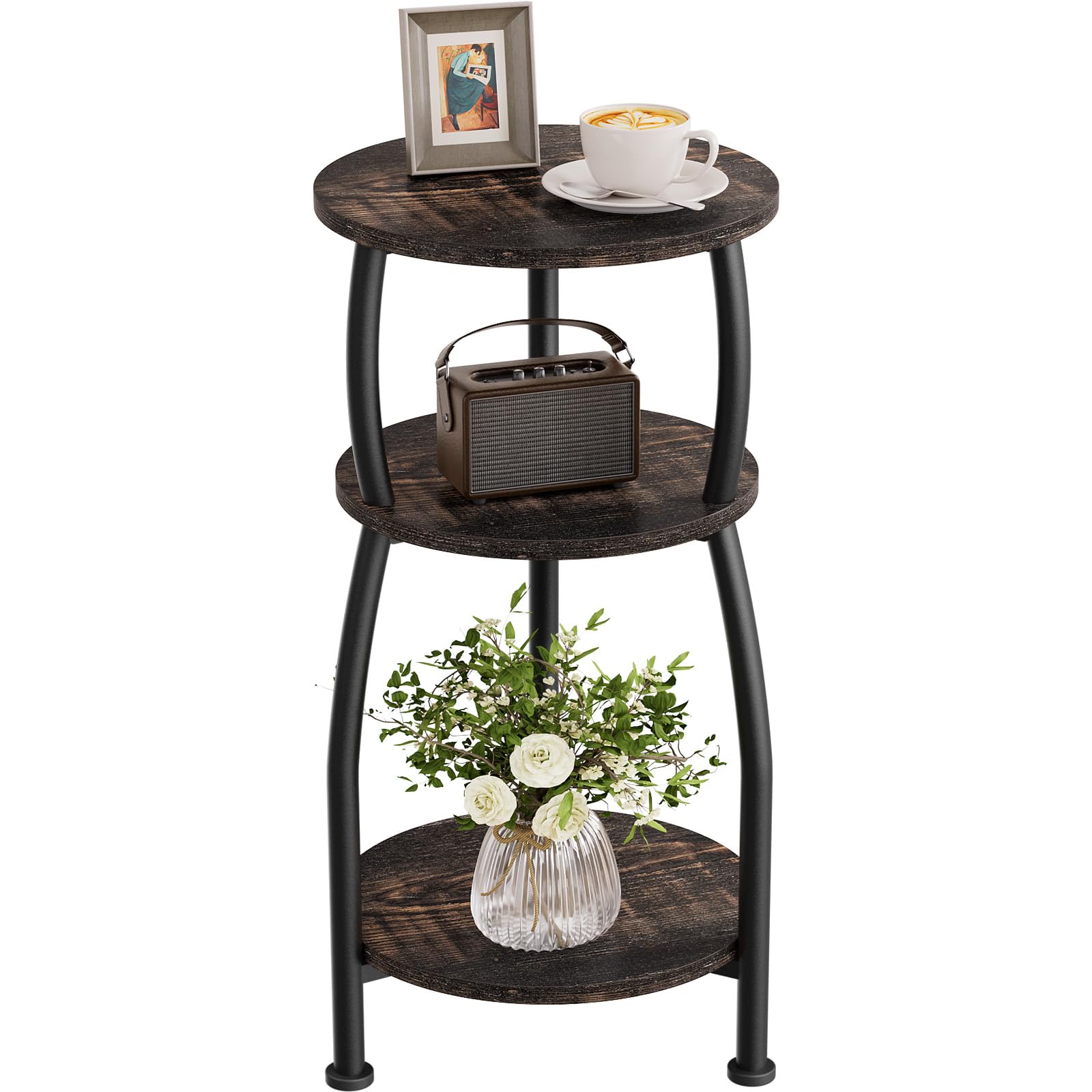 Small Round Side Table, 3-Tier End Table with Storage Shelf, Slim Sofa Table Coffee Table, Sturdy & Easy Assemble Nightstand for Small Spaces, Living Room Bedroom Corner, Grey