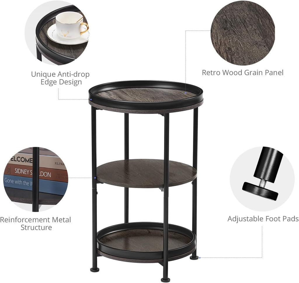 Dulcii Side Table, Round End Table with 3 Shelves for Living Room, Bedroom, Nightstand with Steel Frame for Small Spaces, Industrial Round Sofa Table, Outdoor Accent Coffee Table, Grey