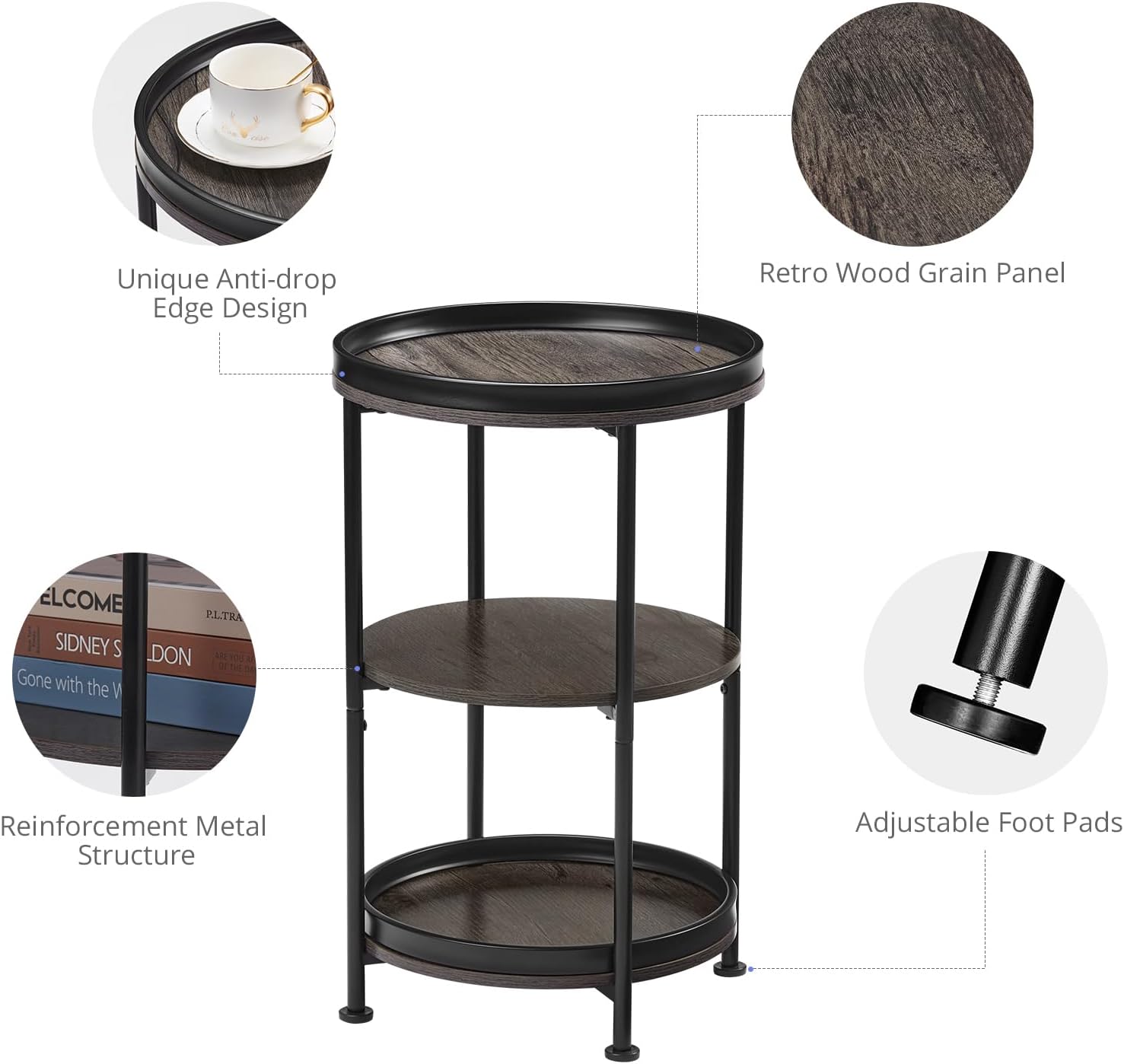 Dulcii Side Table, Round End Table with 3 Shelves for Living Room, Bedroom, Nightstand with Steel Frame for Small Spaces, Industrial Round Sofa Table, Outdoor Accent Coffee Table, Grey