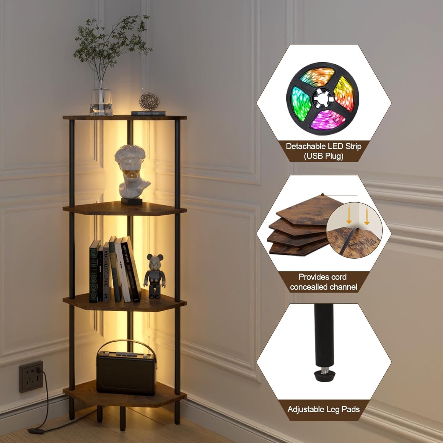 4-Tier LED Corner Shelf, Rustic Brown & Black Multi-Purpose Stand