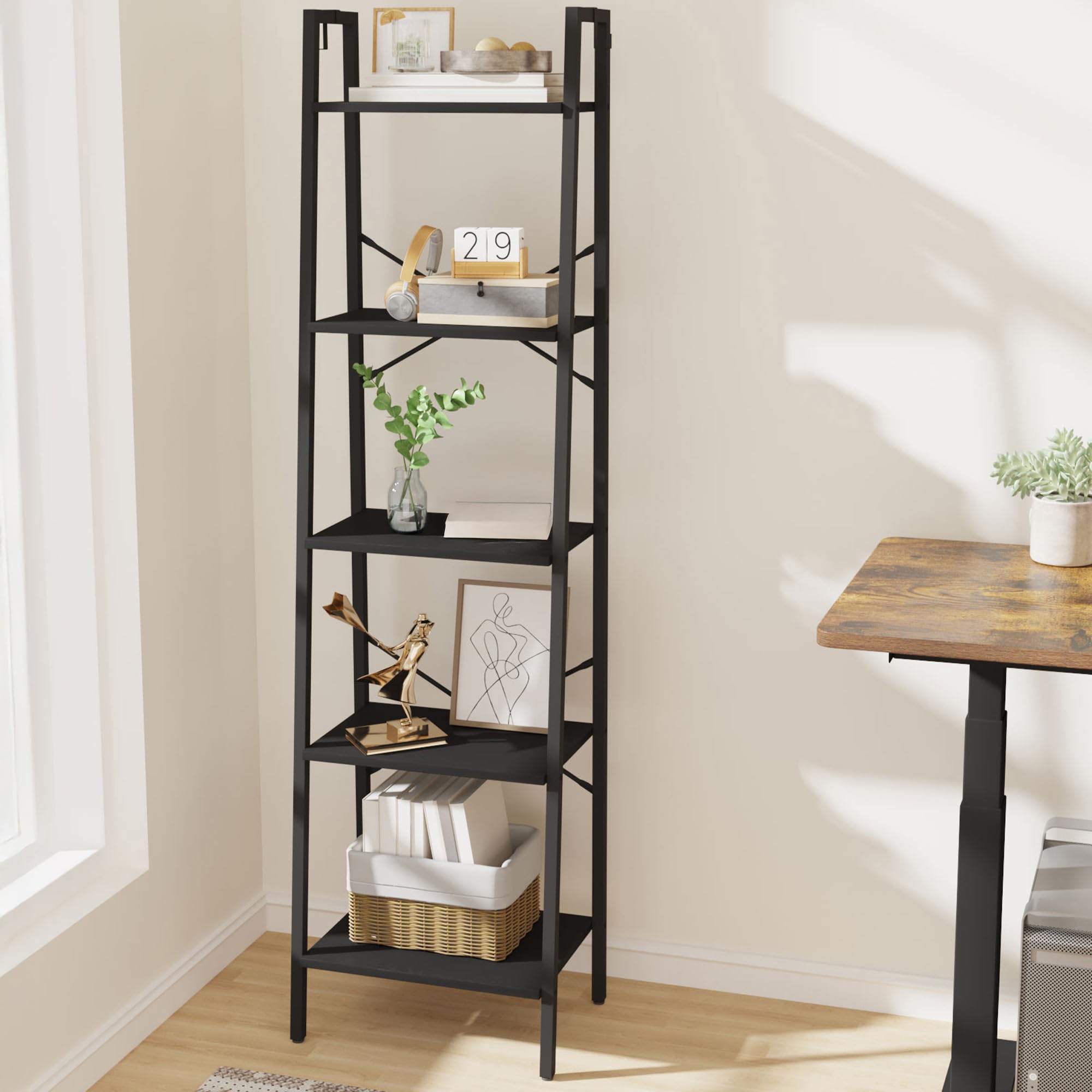 Hzuaneri Ladder Shelf, Bookshelf Bookcase, Freestanding Corner Storage Shelve with 2 Hooks for Home Office, Living Room, Kitchen, Bedroom, Industrial, 11.8" D x 13.4" W x 72.8" H,White Gold BC13313G