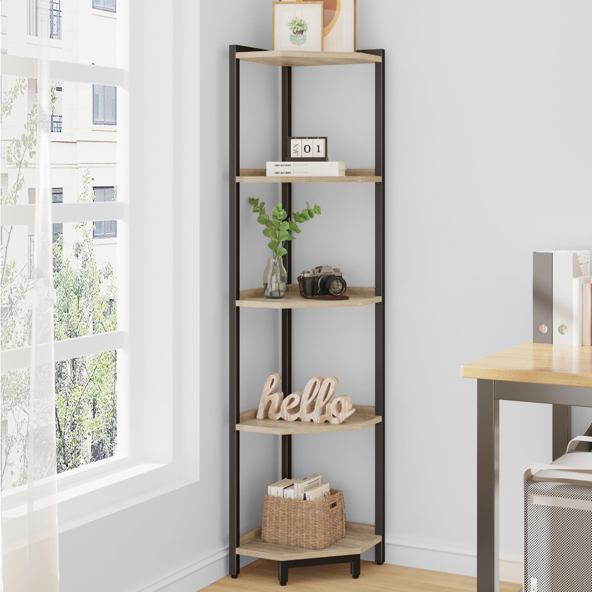 Hzuaneri Corner Shelf Stand, Corner Bookshelf, Storage Standing Shelf Unit with Metal Frame, Plant Stand, Bookcase for Living Room, Home Office, Bedroom, 6-Tier Rustic Brown CS06001B