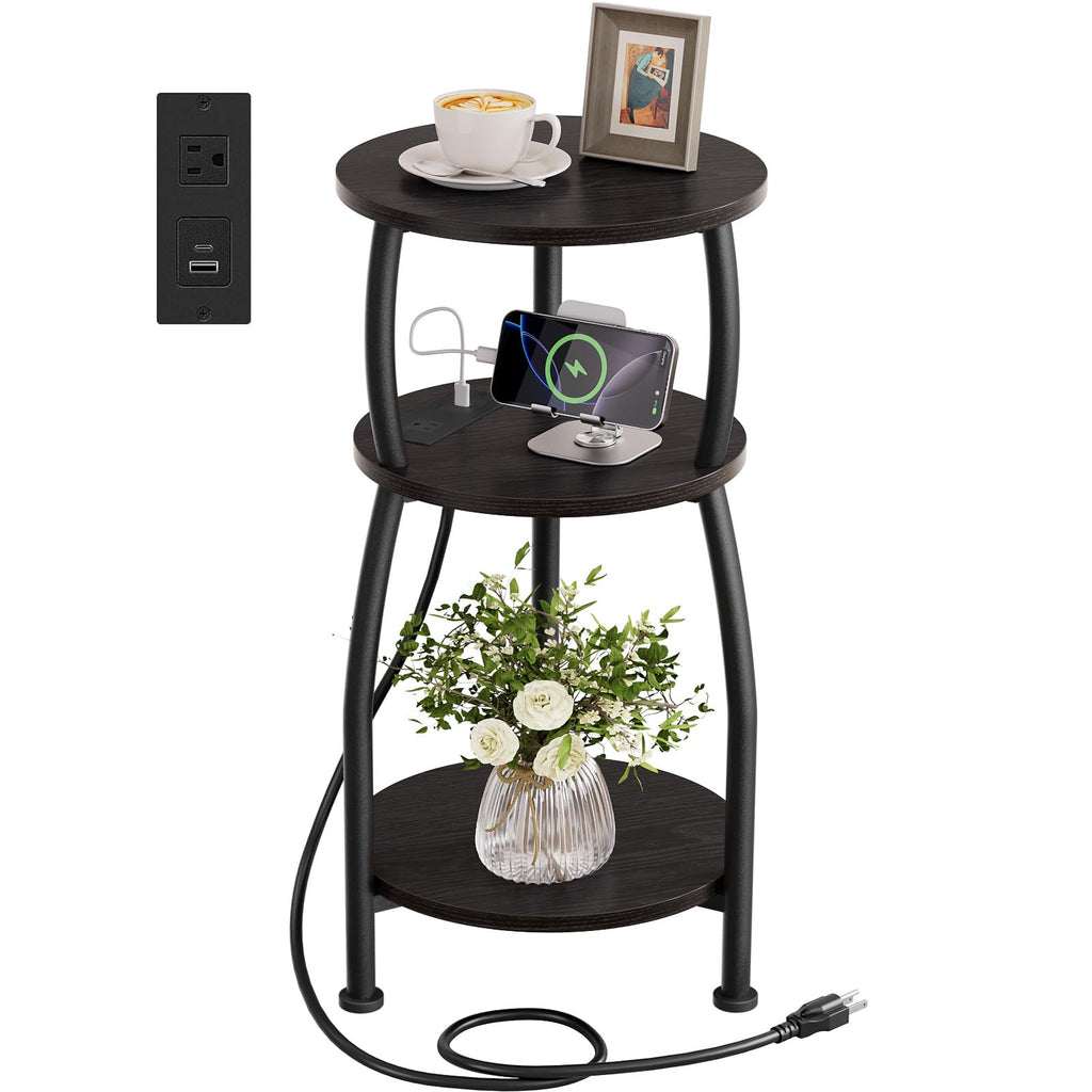 Small Round Side Table, 3-Tier End Table with Storage Shelf, Slim Sofa Table Coffee Table, Sturdy & Easy Assemble Nightstand for Small Spaces, Living Room Bedroom Corner, Grey