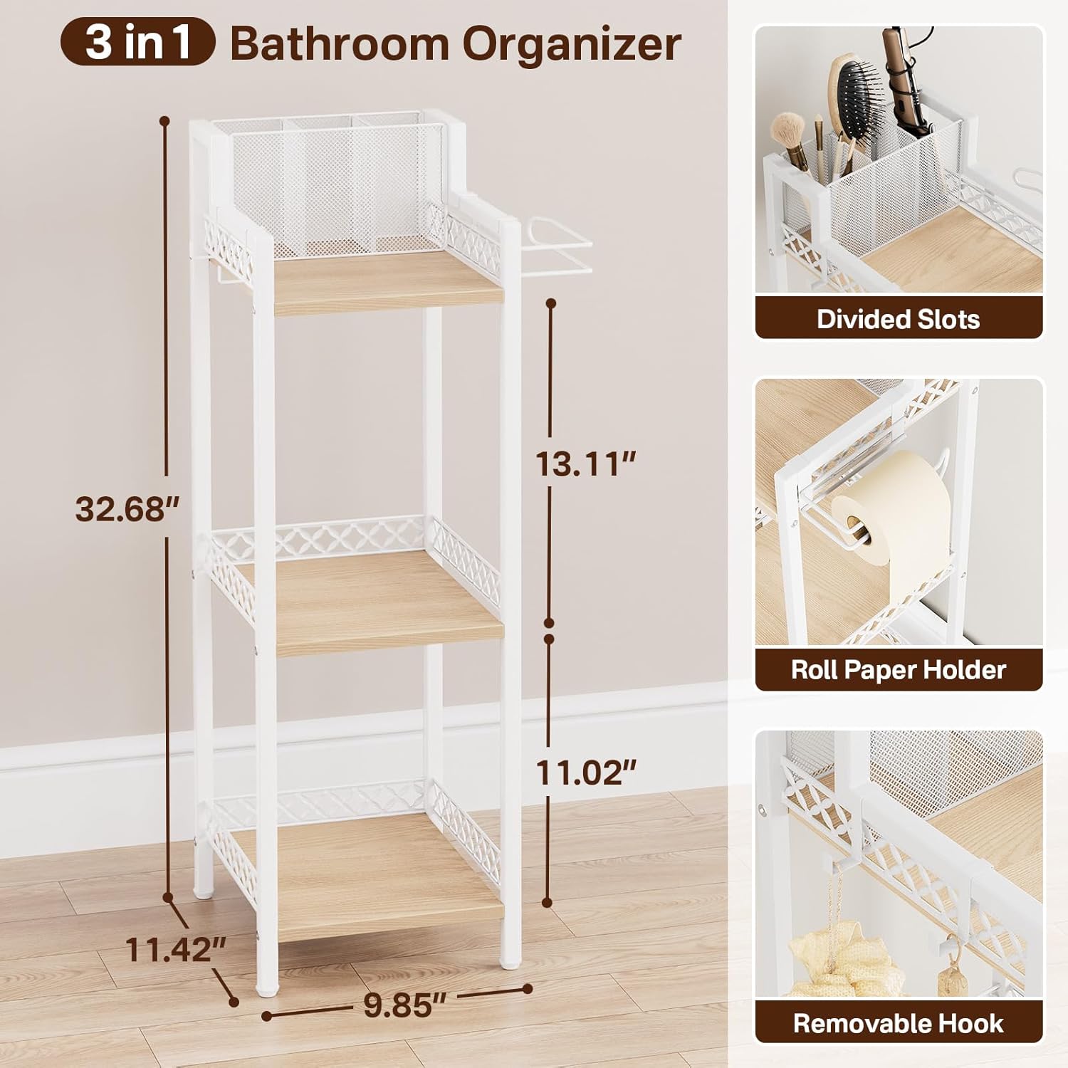 Slim Bathroom Storage Shelf Unit, 3 Tier Corner Storage, Rustic Makeup Organizer, Space-Saving Floor Standing Storage Shelves for Bathroom, Vanity,Kitchen, Laundry 9.85in Matte White