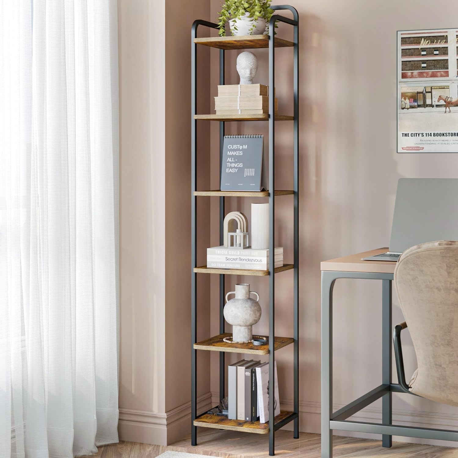 Hzuaneri Bookcase Bookshelf, Narrow Book Shelf, Industrial Corner Shelf Storage Organizer, Slim Shelving Unit for Home Office, Living Room, Bedroom, Kitchen, 6-Tier Black BC24604B