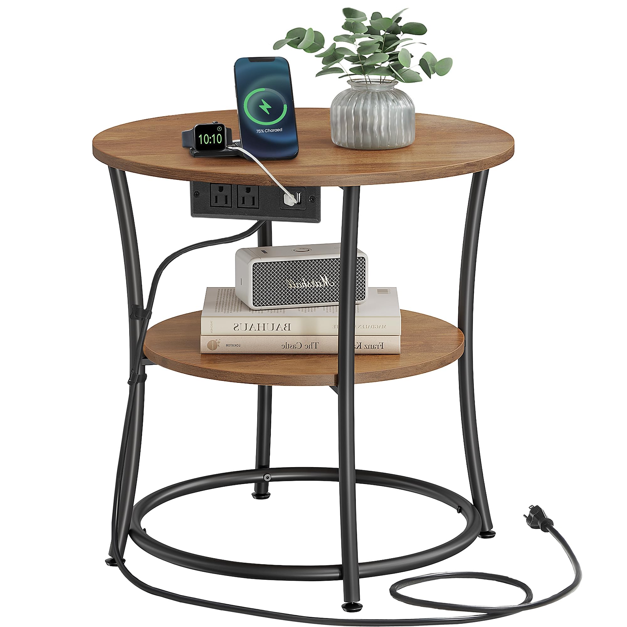 VASAGLE 21.7-Inch Round Side Table, 2-Tier End Table, Nightstand with Steel Frame, Spacious Top, for Small Spaces, Living Room, Bedroom, Heather Greige and Ink Black ULET56BG | 2 Storage Shelves
