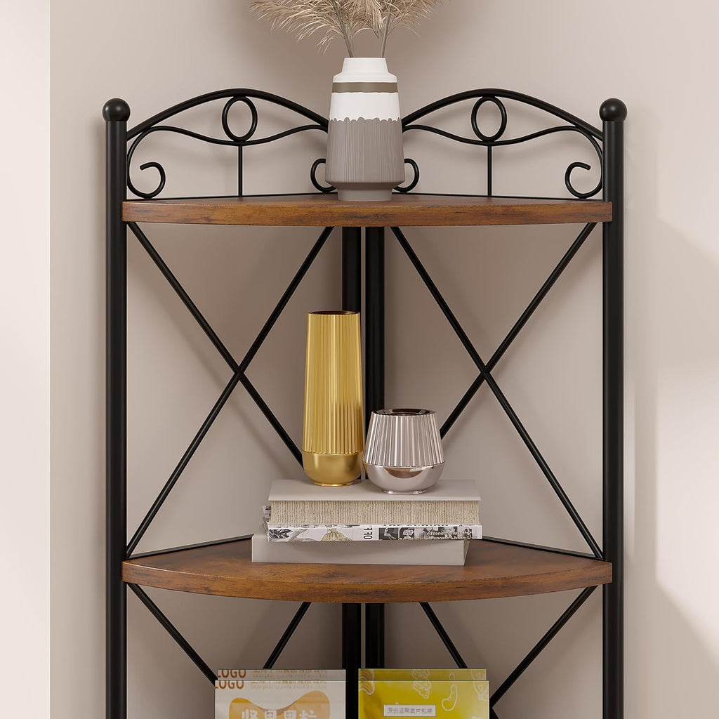 VECELO 5 Tier Corner Shelf Stand, 55.2" Tall Corner Bookshelf, Rustic Brown Storage Standing Shelf for Living Room, Plant Stand &Corner Bookcase for WallCorner, Living Room, Kitchen, Bedroom, Office