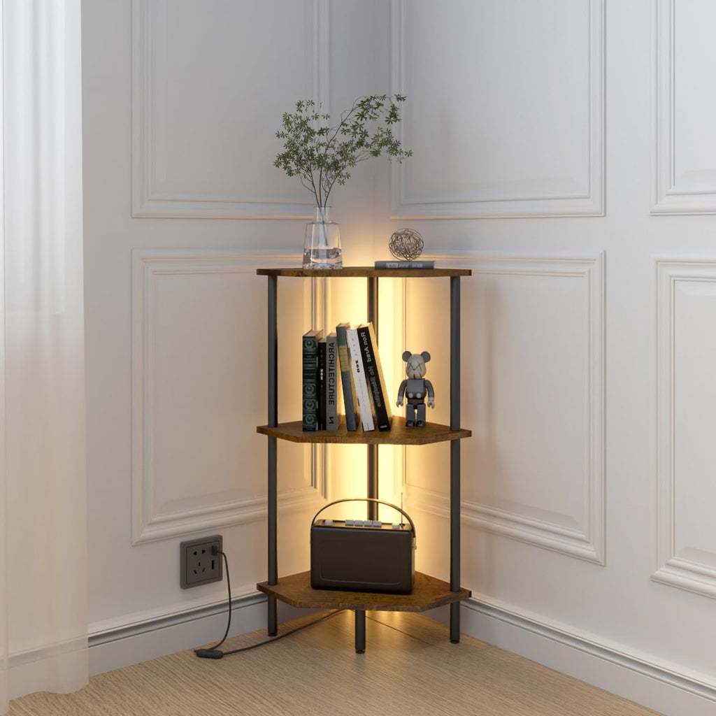 4-Tier LED Corner Shelf, Rustic Brown & Black Multi-Purpose Stand
