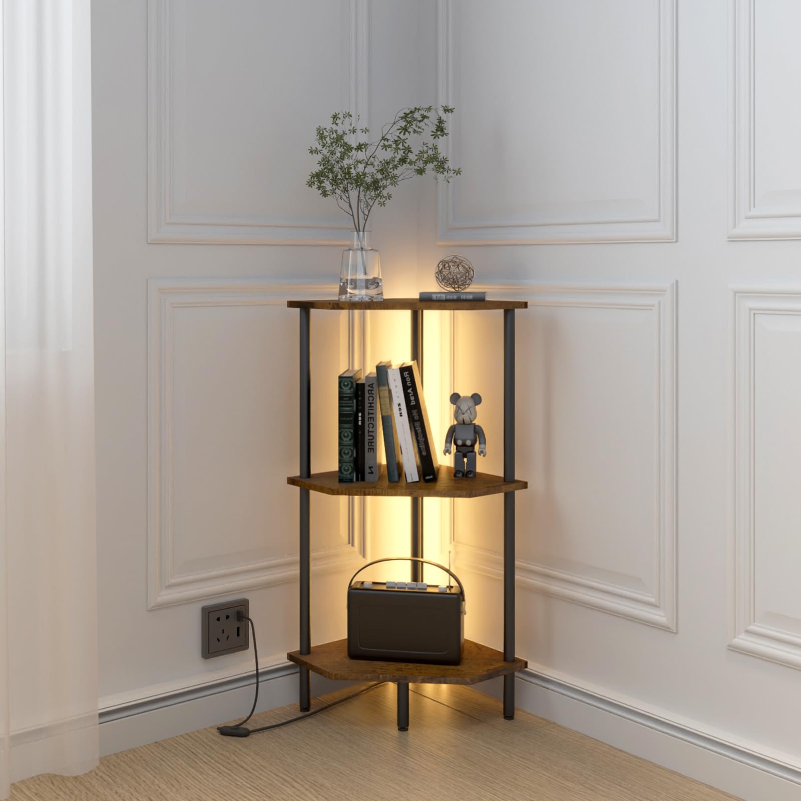 4-Tier LED Corner Shelf, Rustic Brown & Black Multi-Purpose Stand