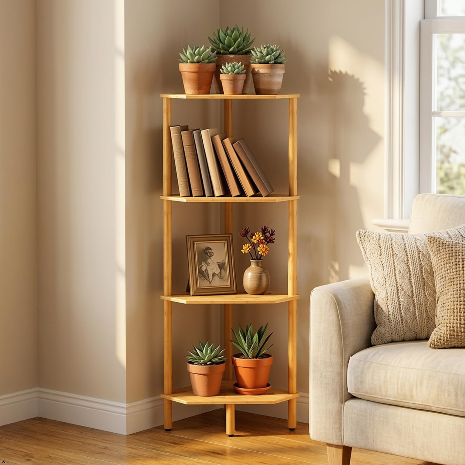 Corner Shelf Stand, 4 Tier Corner Bookshelf, Bamboo Storage Standing Shelf Unit, Tall Storage Plant Stand,Bookcase for Living Room, Home Office, Bedroom, Kitchen, Black