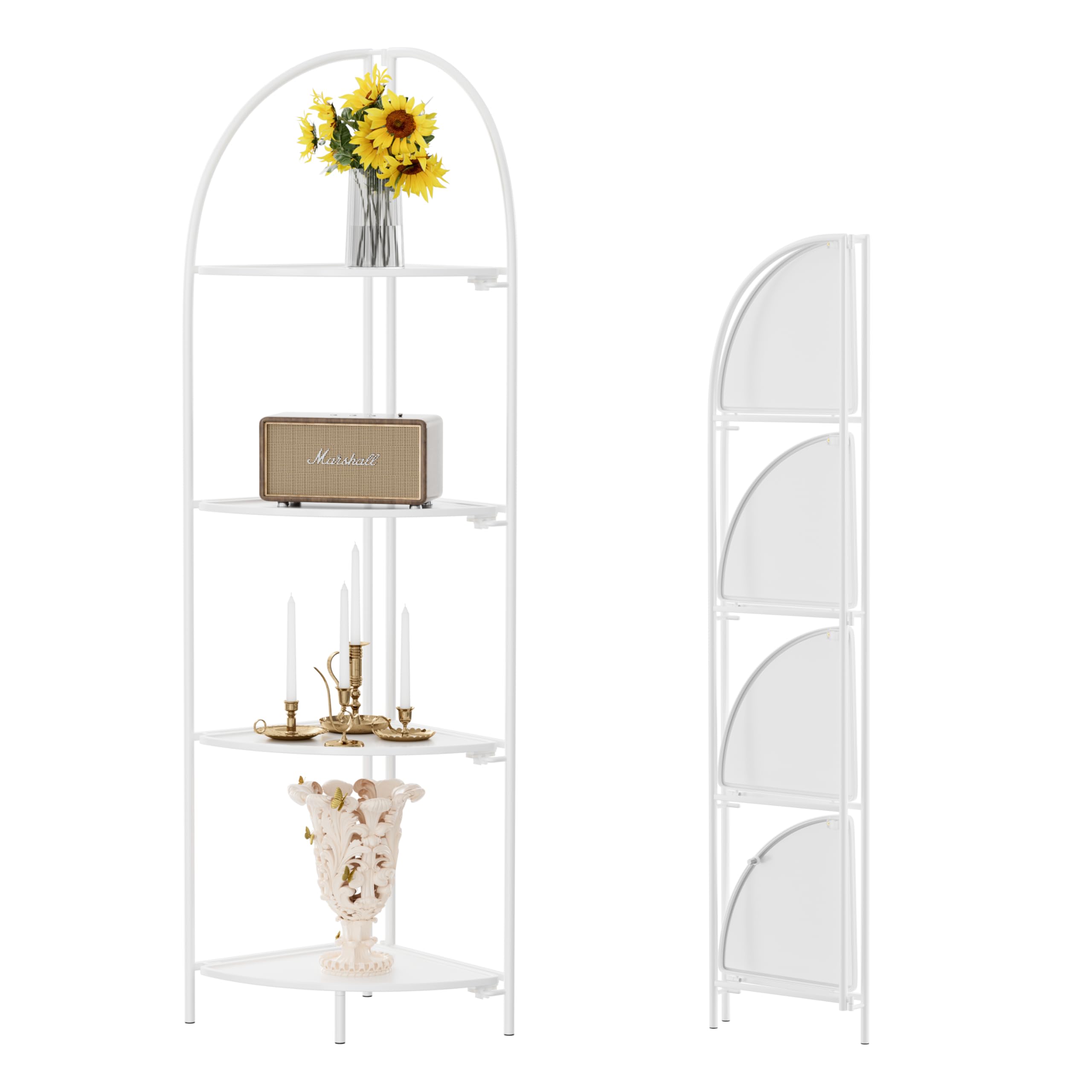 Crofy Foldable 5 Tier Corner Shelf, Metal Corner Plant Stand with Gold Frame and Transparent Shelves, Corner Display Rack Multipurpose Shelving Unit for Living Room, Bedroom, Bathroom