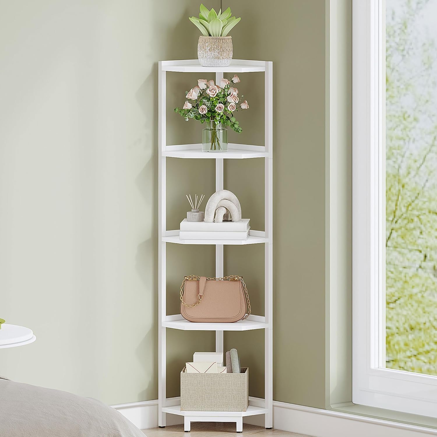 Hzuaneri Corner Shelf Stand, Corner Bookshelf, Storage Standing Shelf Unit with Metal Frame, Plant Stand, Bookcase for Living Room, Home Office, Bedroom, 6-Tier Rustic Brown CS06001B