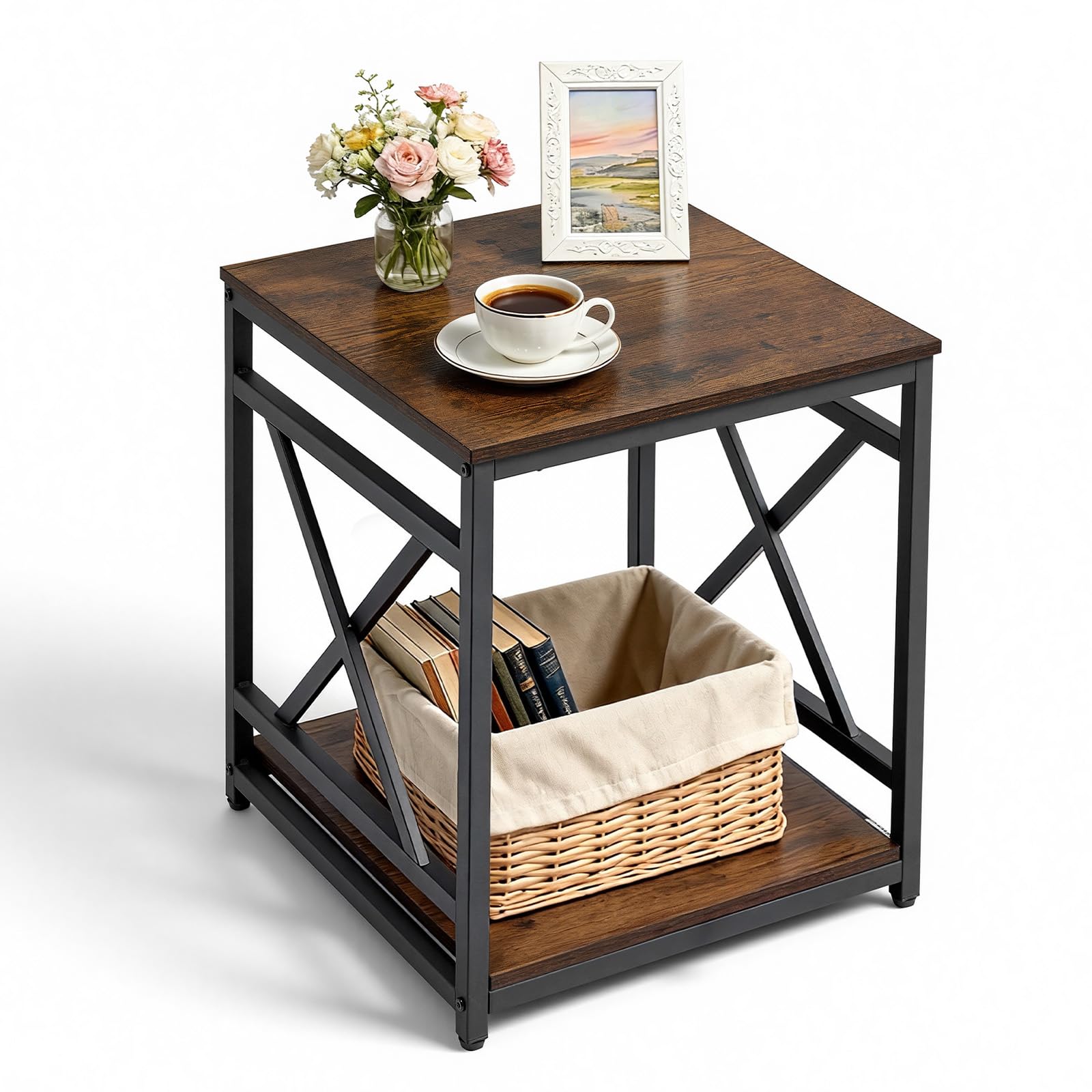 VEVOR End Table, 3-Tier Narrow Side Table with Open Storage Shelves, Modern Nightstand Bedside Desk with Round Metal Frame, Wood Sofa Coffee Desk for Living Room, Bedroom, Office, Rustic Brown