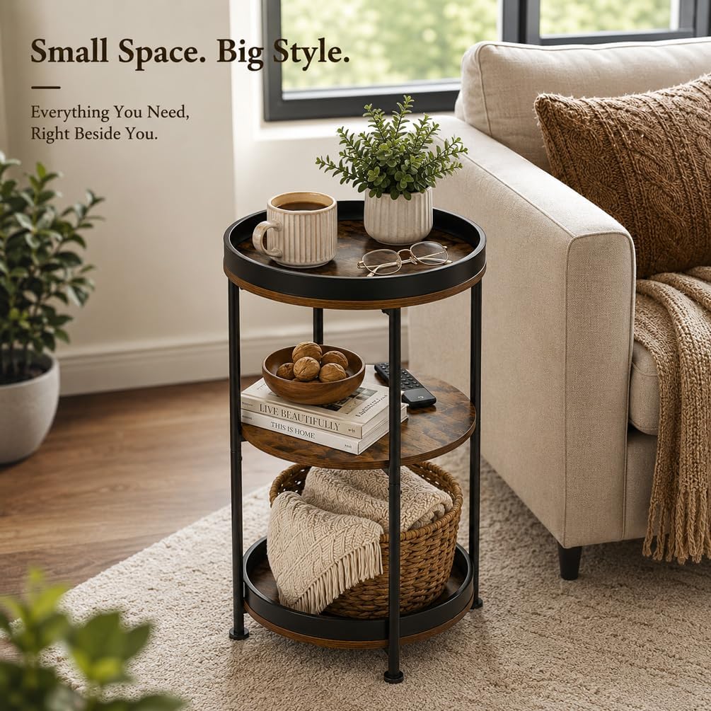 Dulcii Side Table, Round End Table with 3 Storage Shelves for Living Room, Bedroom, Nightstand with Steel Frame for Small Spaces, Industrial Round Sofa Table, Outdoor Accent Coffee Table, Rustic Brown