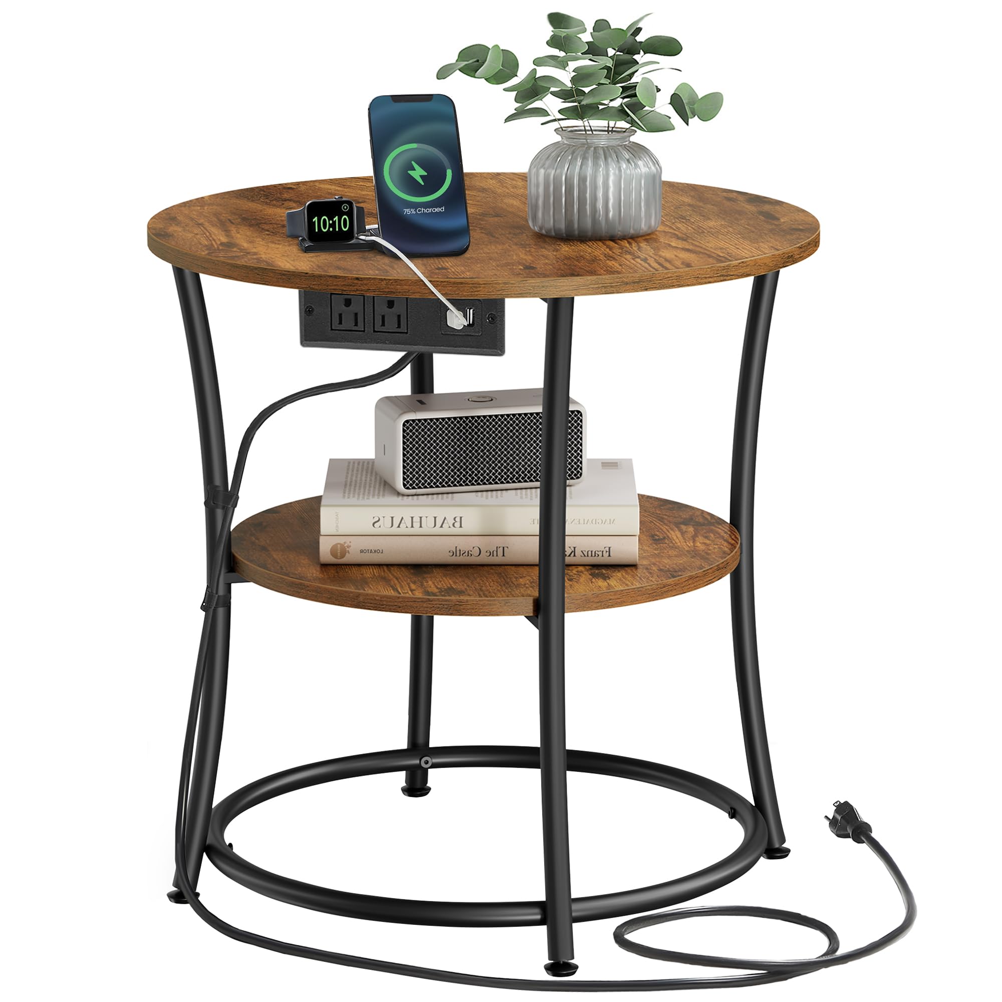 VASAGLE 21.7-Inch Round Side Table, 2-Tier End Table, Nightstand with Steel Frame, Spacious Top, for Small Spaces, Living Room, Bedroom, Heather Greige and Ink Black ULET56BG | 2 Storage Shelves