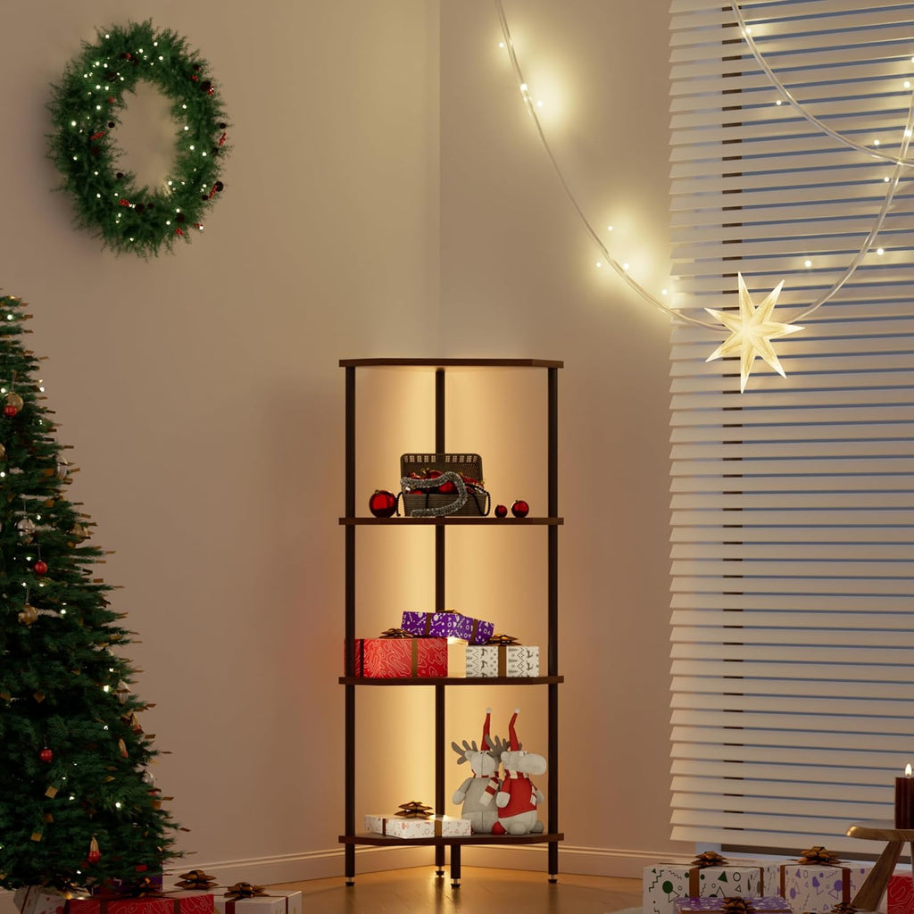 4-Tier LED Corner Shelf, Rustic Brown & Black Multi-Purpose Stand