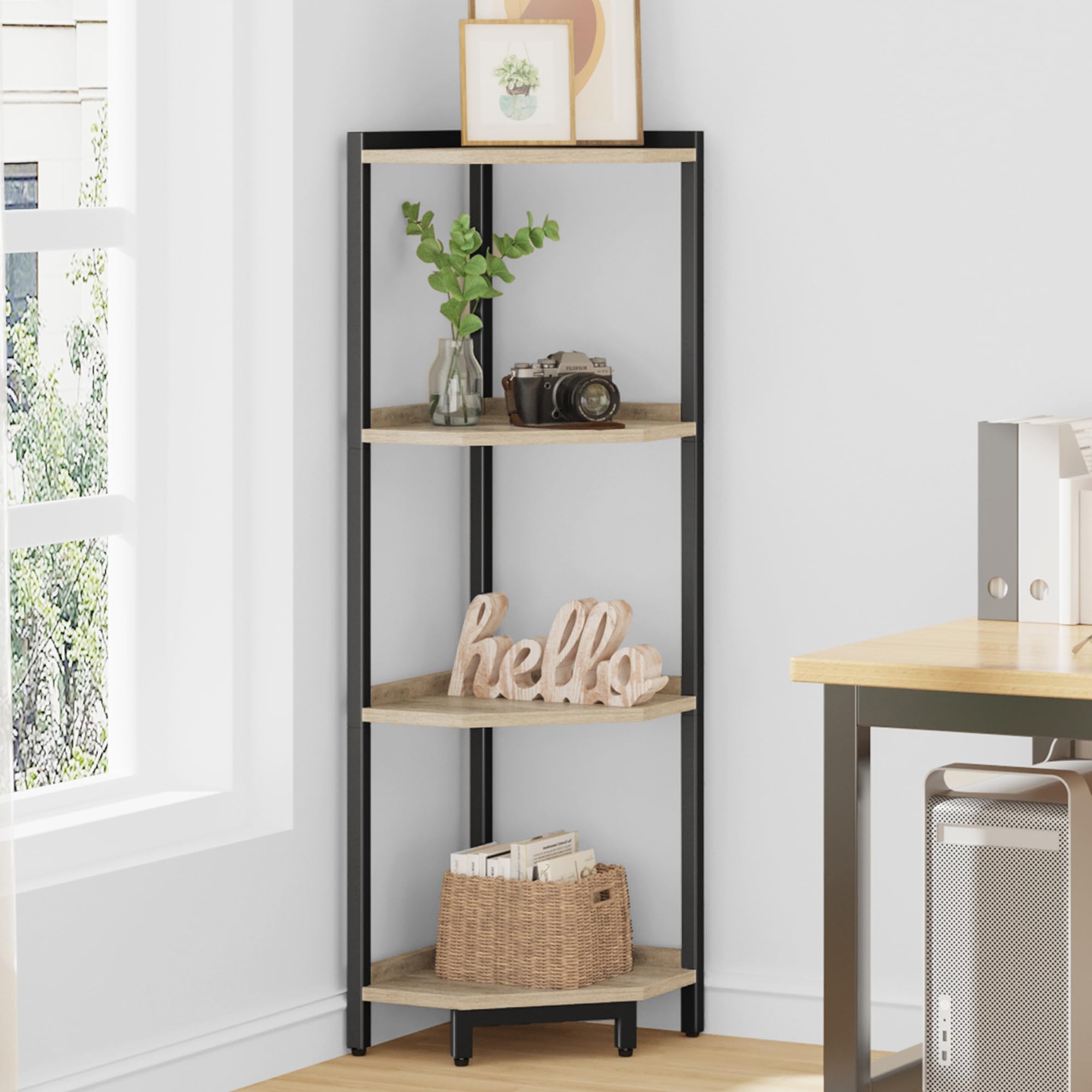 Hzuaneri Corner Shelf Stand, Corner Bookshelf, Storage Standing Shelf Unit with Metal Frame, Plant Stand, Bookcase for Living Room, Home Office, Bedroom, 6-Tier Rustic Brown CS06001B