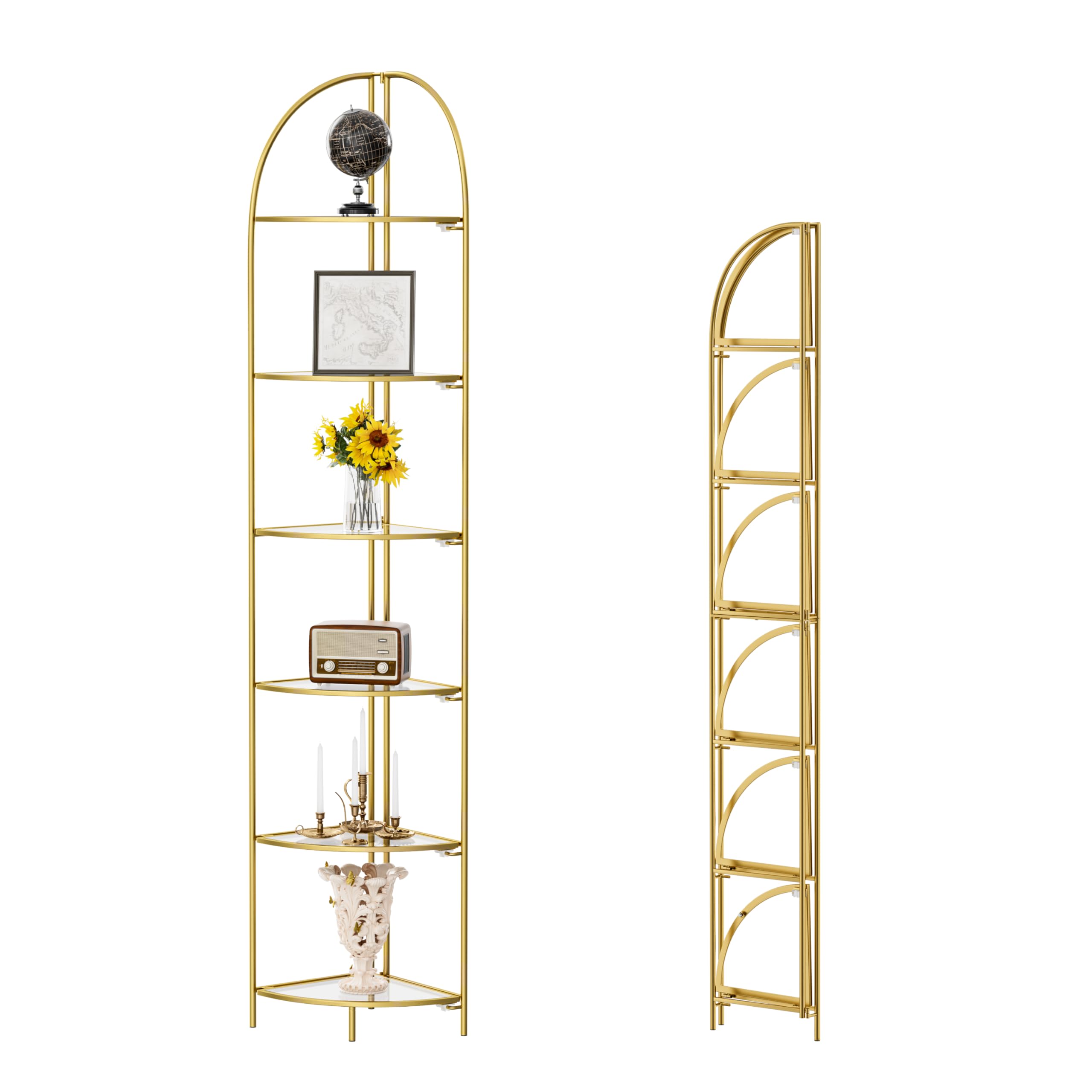 Crofy Foldable 5 Tier Corner Shelf, Metal Corner Plant Stand with Gold Frame and Transparent Shelves, Corner Display Rack Multipurpose Shelving Unit for Living Room, Bedroom, Bathroom