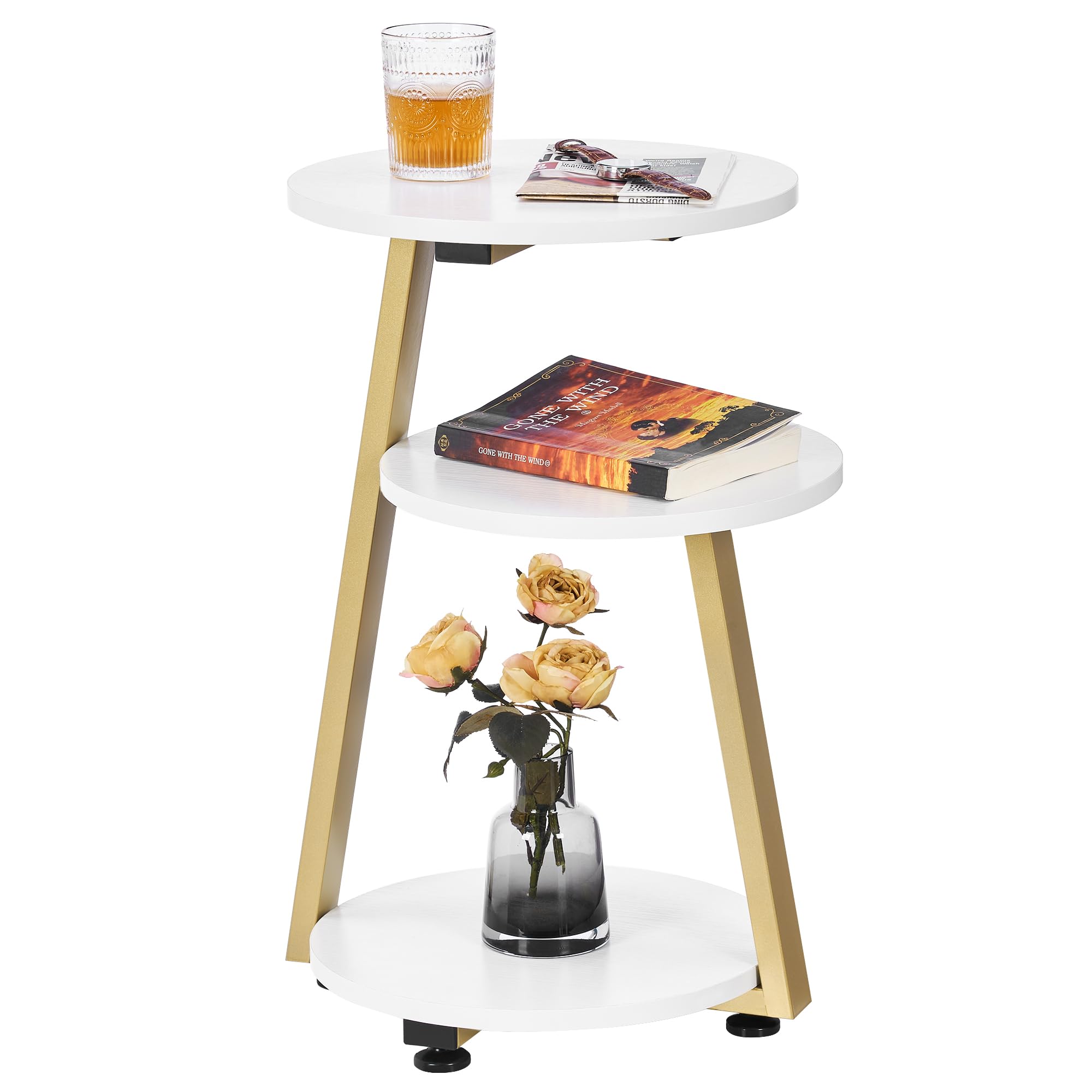 BEWISHOME Round End Table Side Table with Metal Frame, Accent Table Nightstand Bedside Table with 3-Tier Shelves, Small Couch Coffee Table for Living Room Bedroom Greige KTZ41G