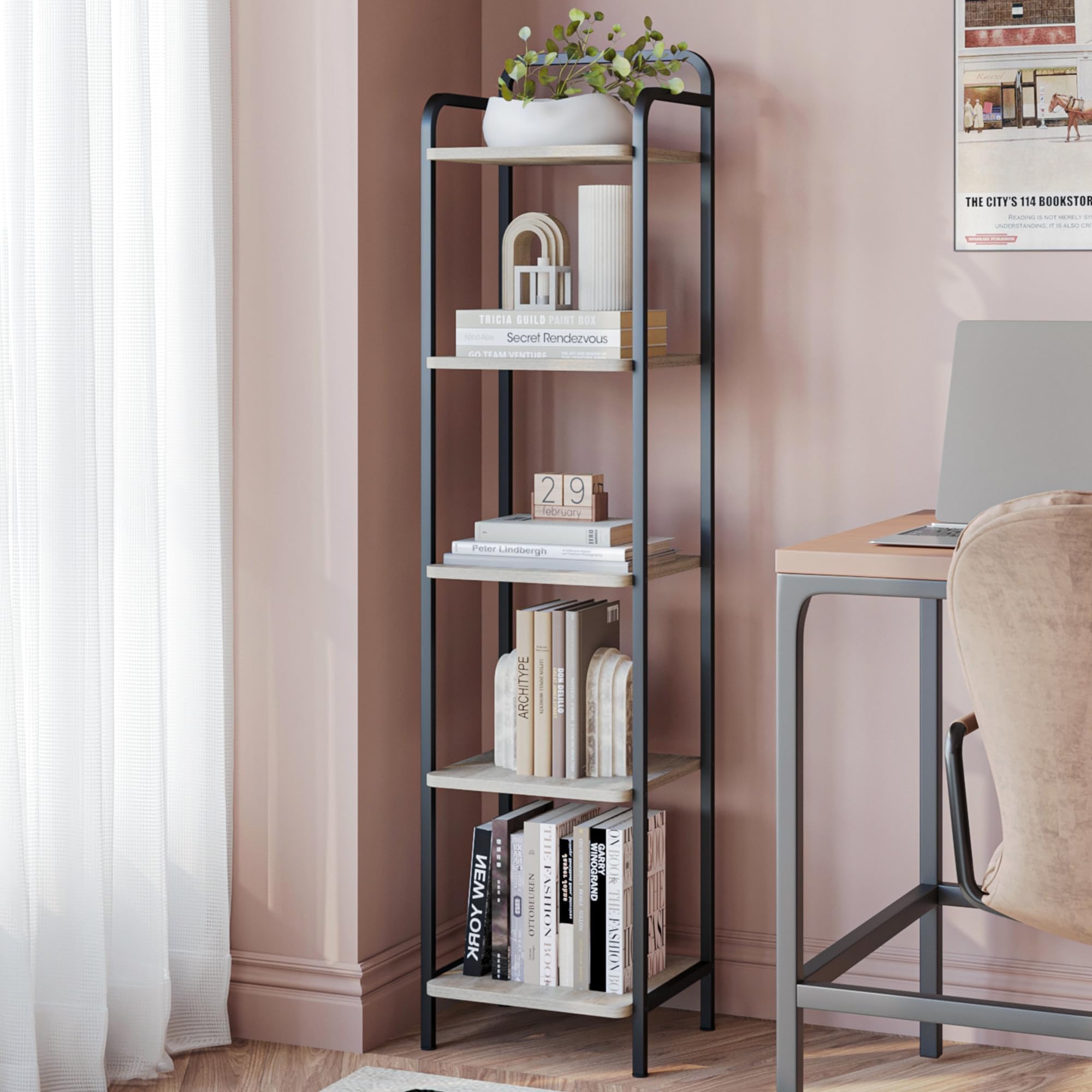 Hzuaneri Bookcase Bookshelf, Narrow Book Shelf, Industrial Corner Shelf Storage Organizer, Slim Shelving Unit for Home Office, Living Room, Bedroom, Kitchen, 6-Tier Black BC24604B