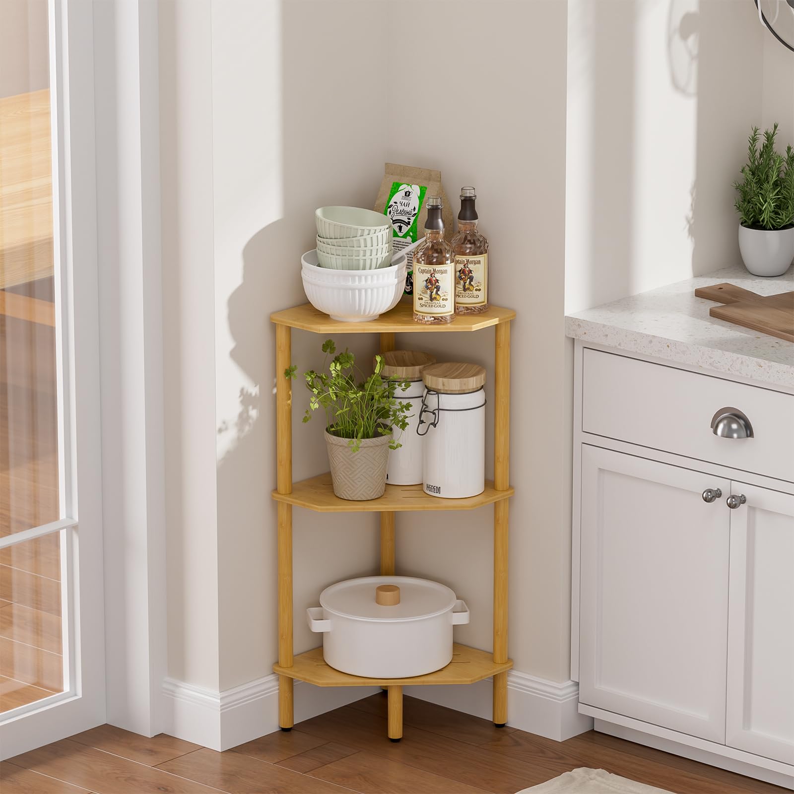 Corner Shelf Stand, 4 Tier Corner Bookshelf, Bamboo Storage Standing Shelf Unit, Tall Storage Plant Stand,Bookcase for Living Room, Home Office, Bedroom, Kitchen, Black
